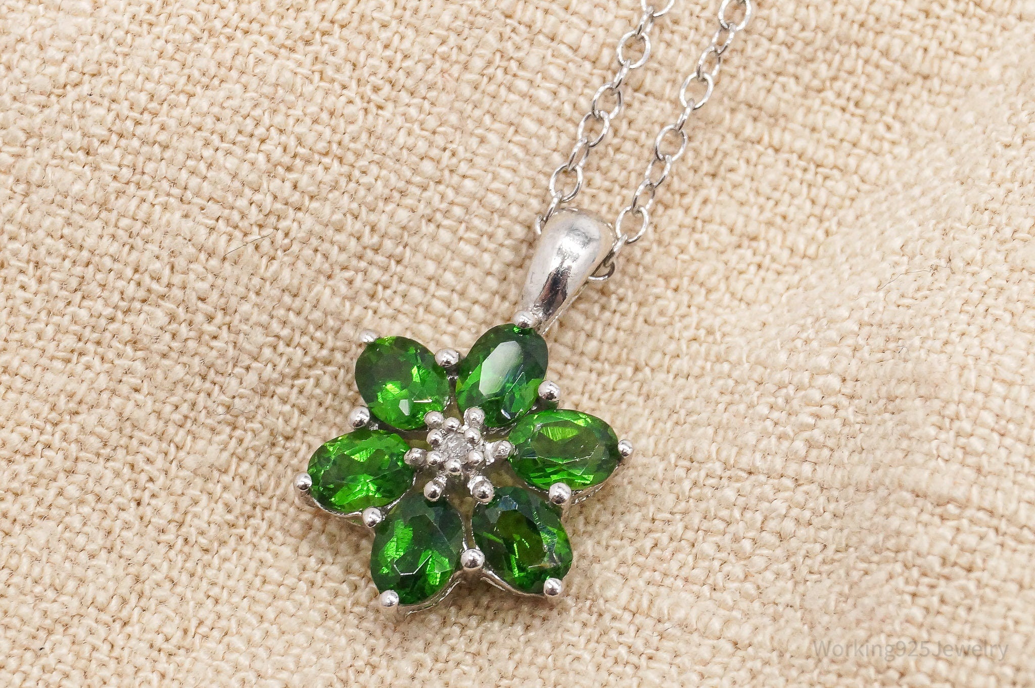 Vintage Green Chrome Diopside Diamond Sterling Silver Flower Necklace 18"