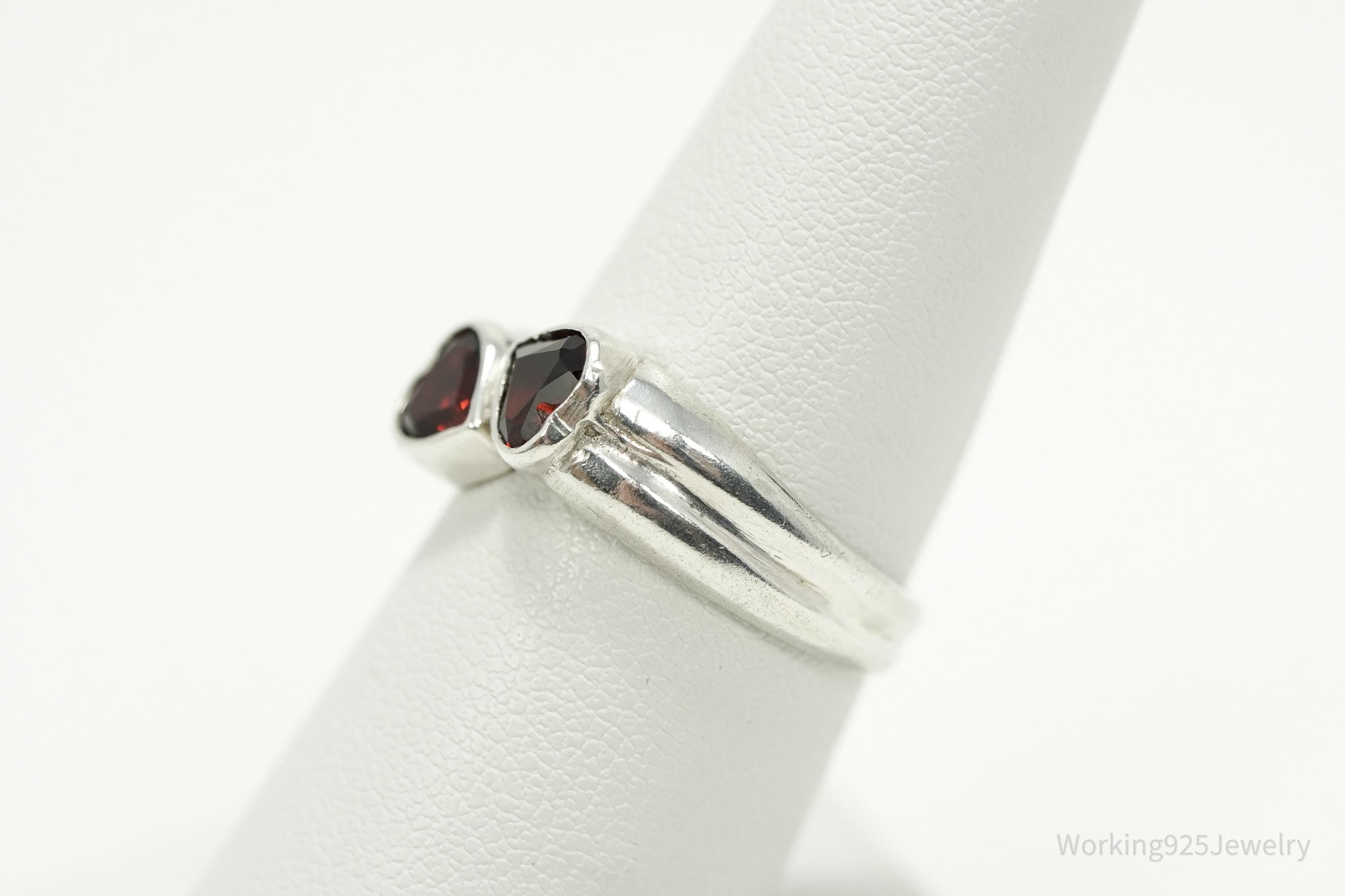 Vintage Garnet Hearts Sterling Silver Ring - Size 7.25