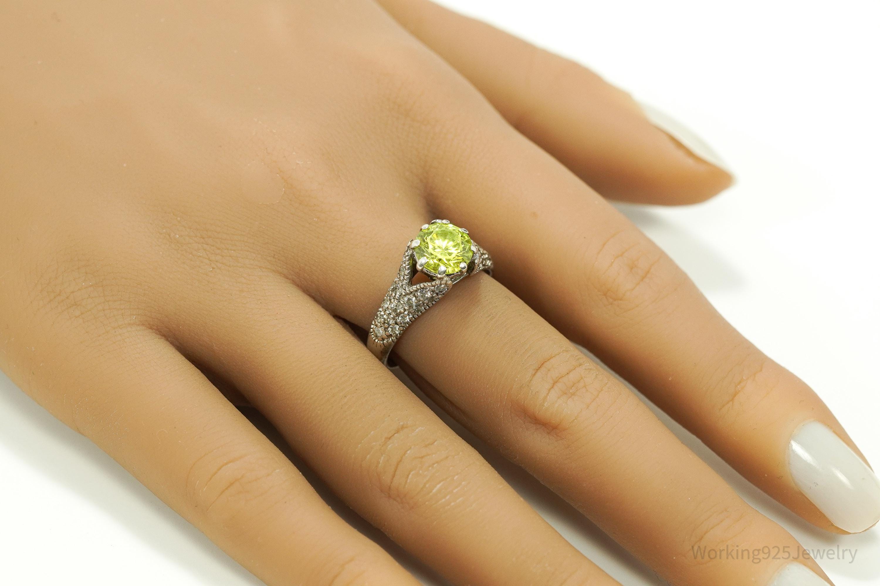 Vintage Espo Green & White Cubic Zirconia Sterling Silver Ring - Size 9