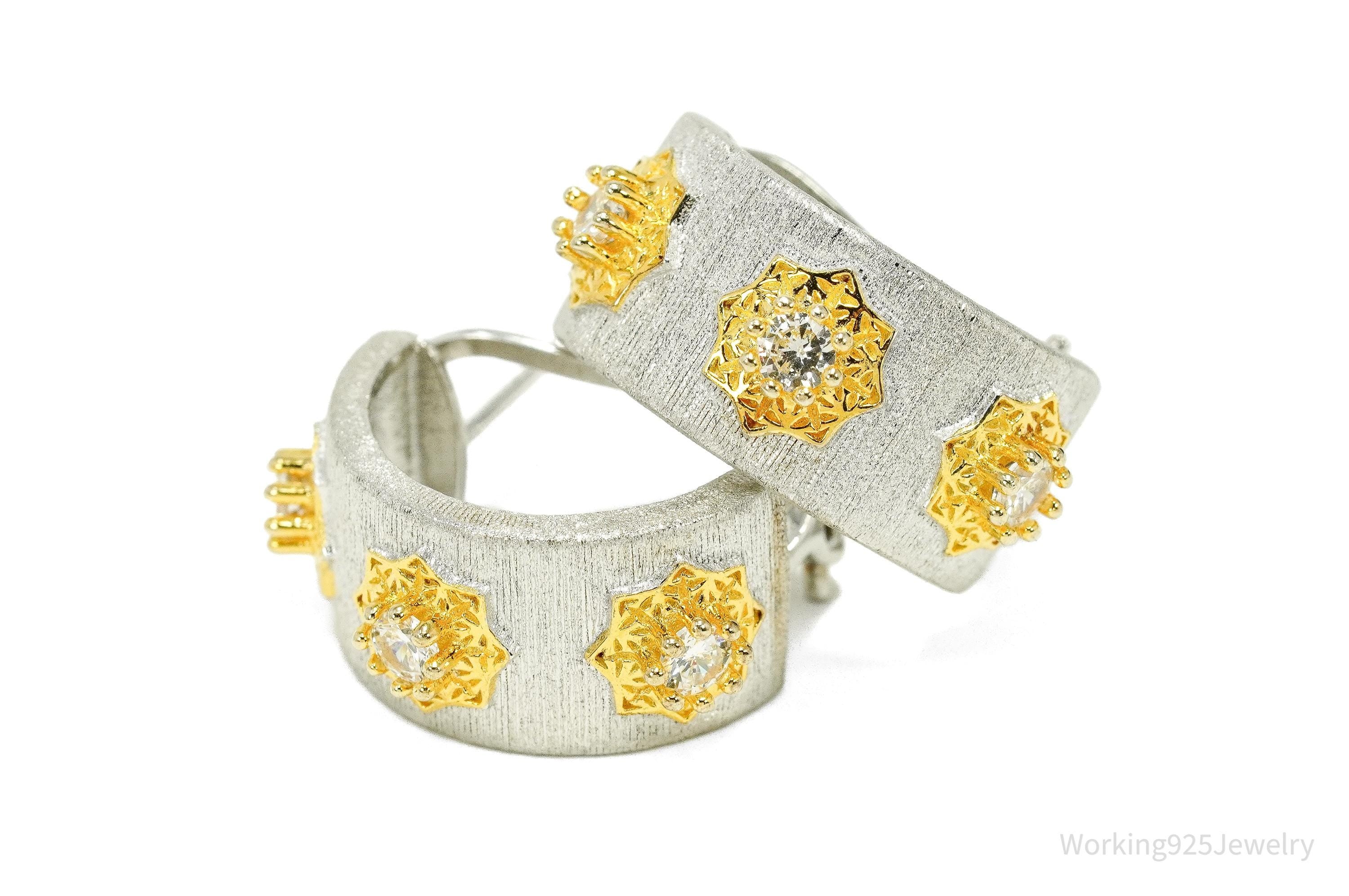 Vintage Cubic Zirconia Gold Vermeil Sterling Silver Hoop Earrings