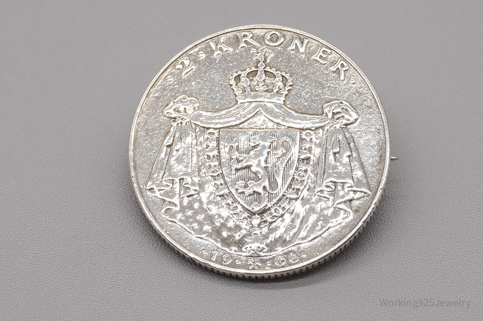 Antique Norway 1906 Silver 2 Kroner Silver Coin Brooch Pin