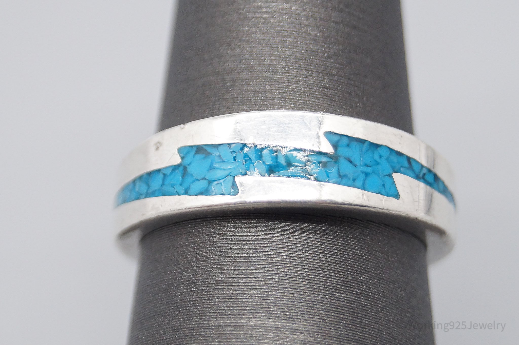 Vintage Native American Turquoise Inlay Sterling Silver Band Ring - Size 7.75