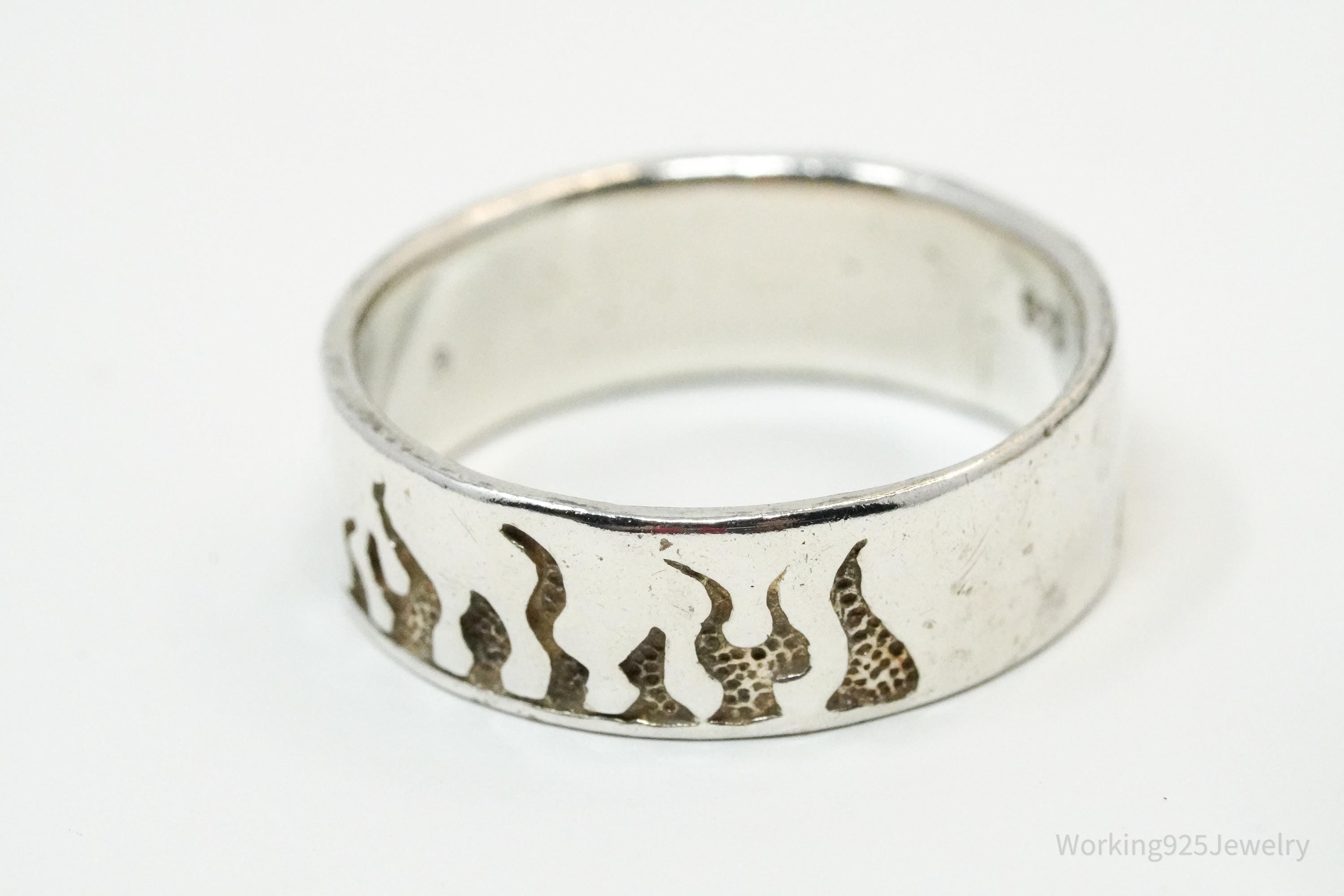 Vintage Fire Flames Sterling Silver Band Ring - Size 10.75