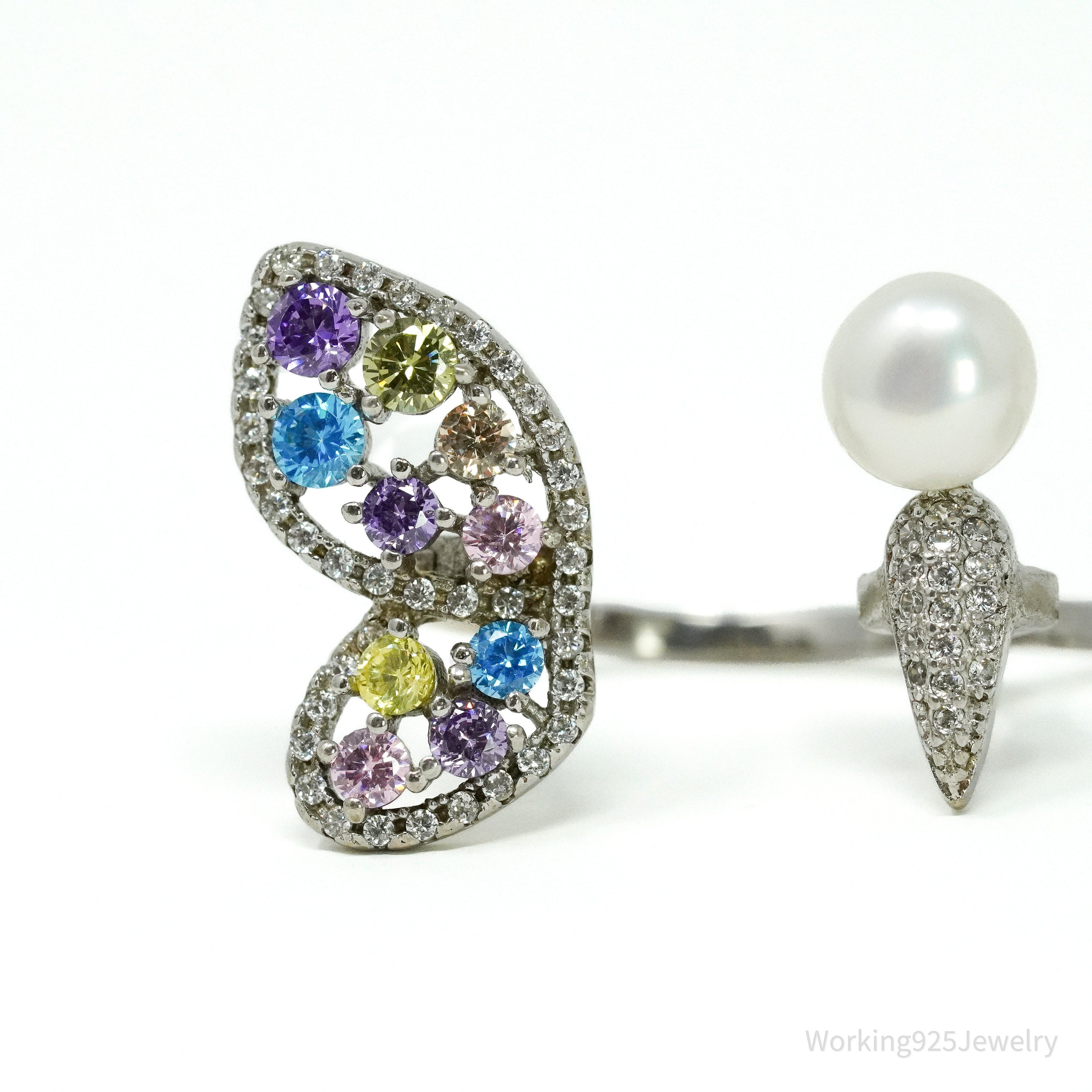 FZN Pearl & Multi Color Cubic Zirconia Butterfly Sterling Silver Ring - Size 7