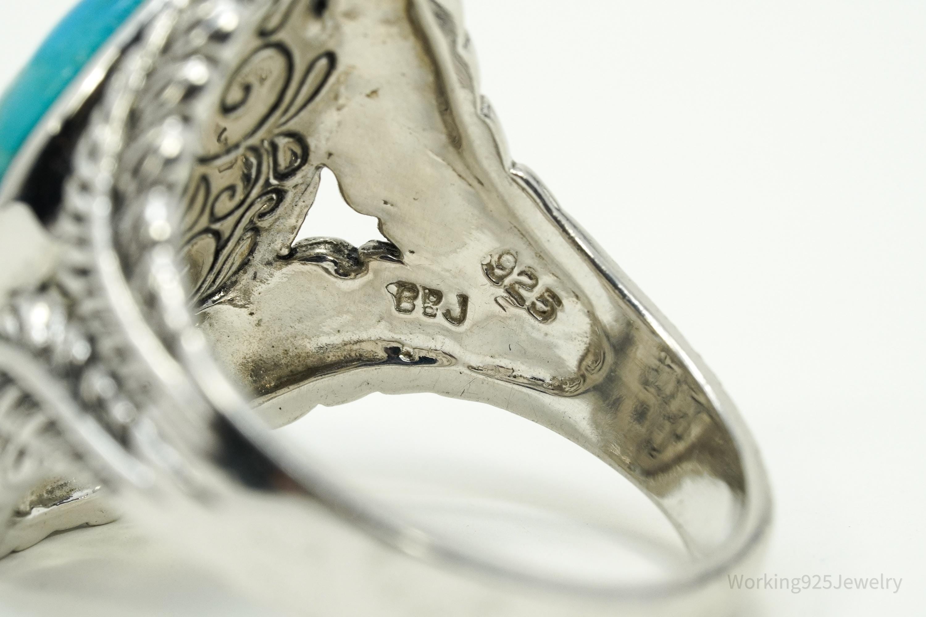 Designer BBJ Turquoise Wrapped Feathers Leaves Design Sterling Silver Ring - Size 12