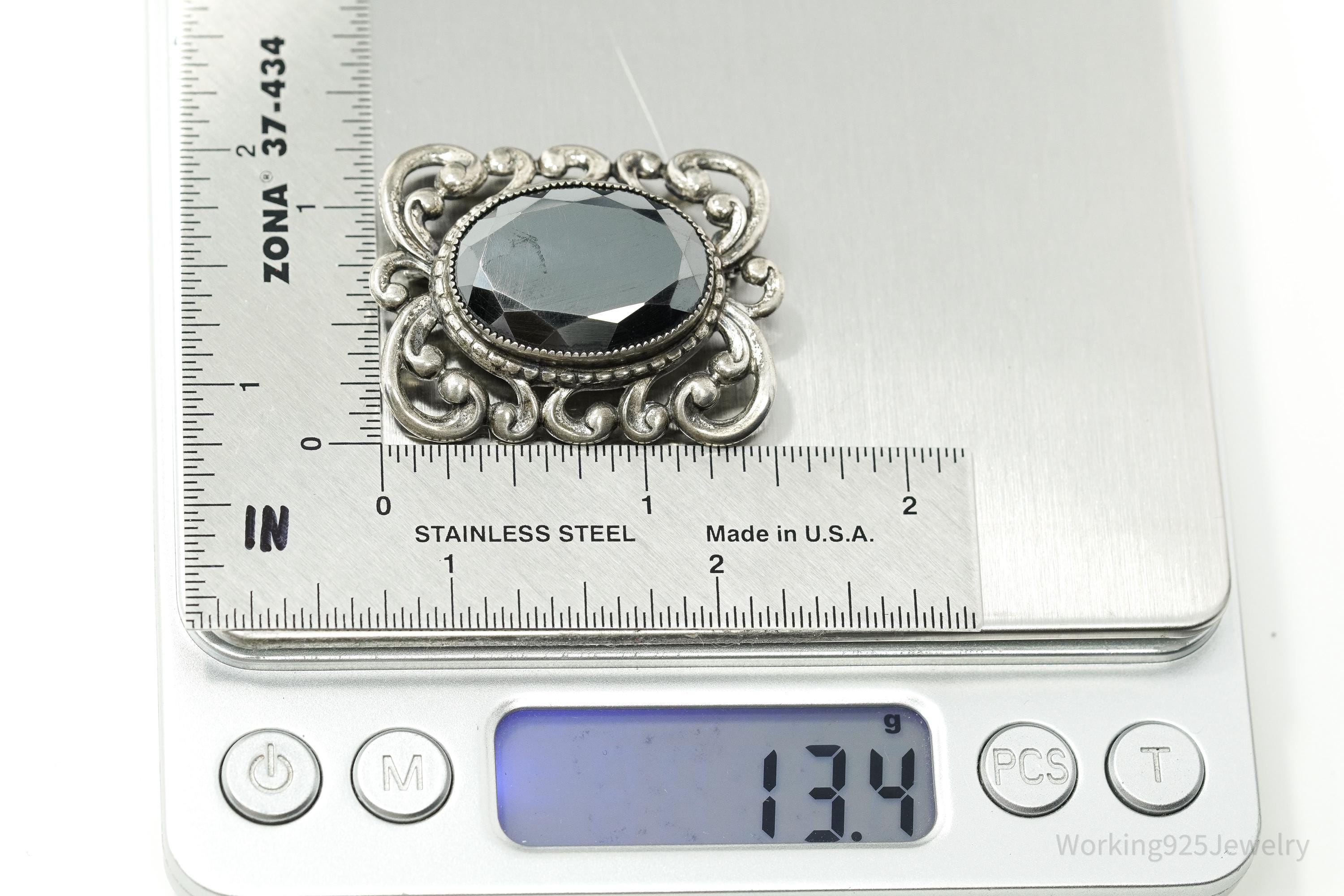 Vintage Designer Danecraft Hematite Ornate Sterling Silver Brooch Pin