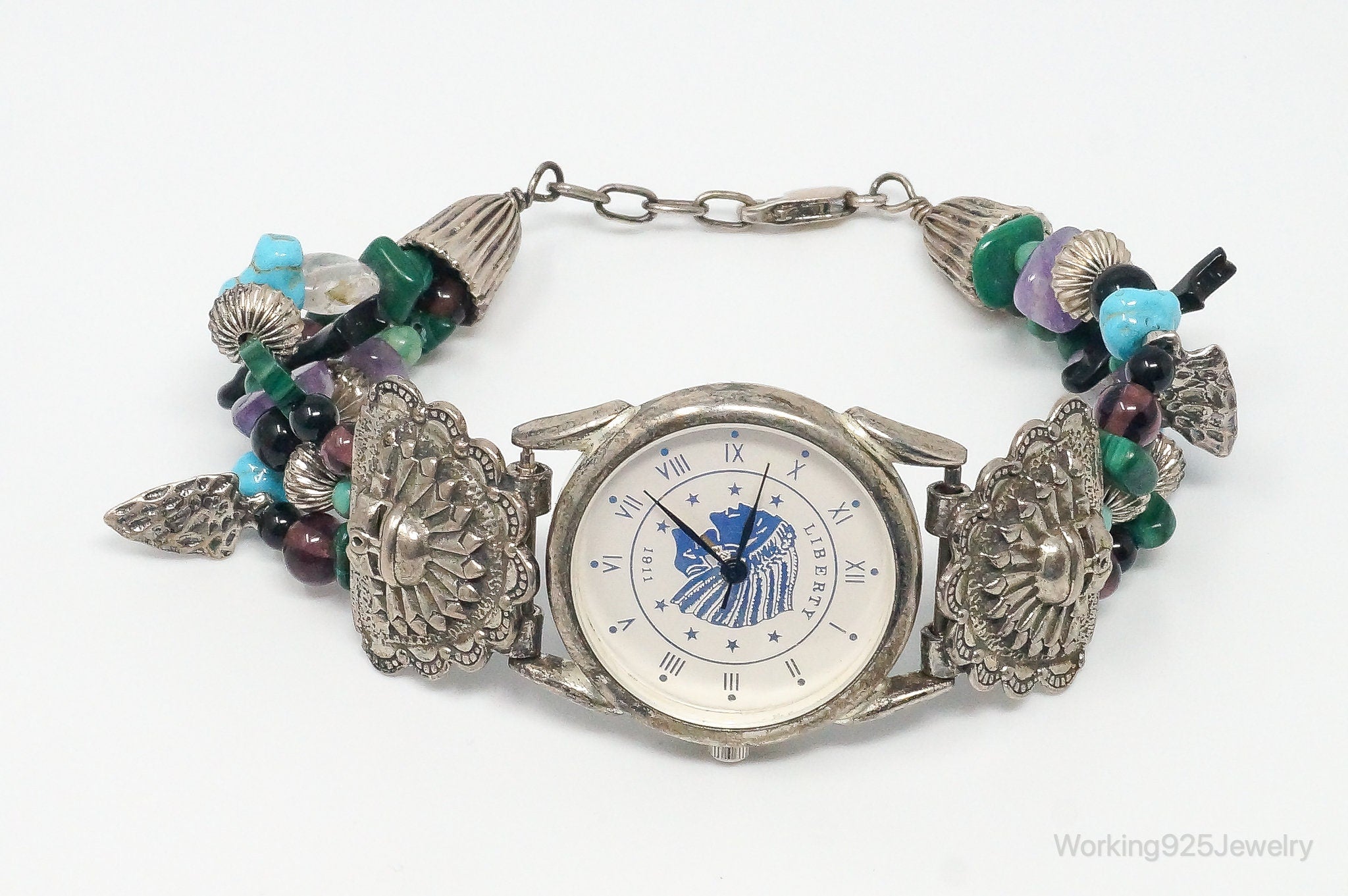 Vintage Native Style Multi Gem Liberty 1911 Behrouz Inc Sterling Silver Watch