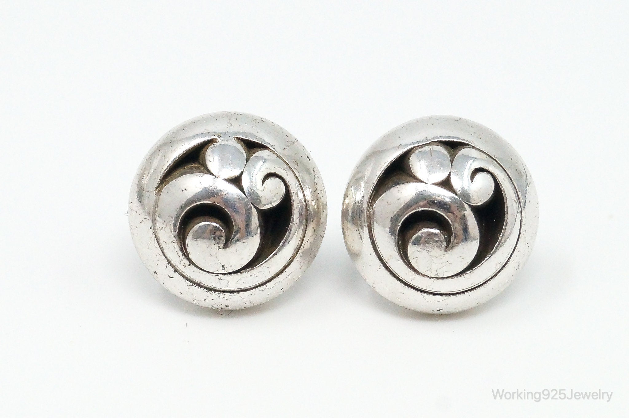 Vintage Scroll Swirl Shadow Sterling Silver Stud Earrings