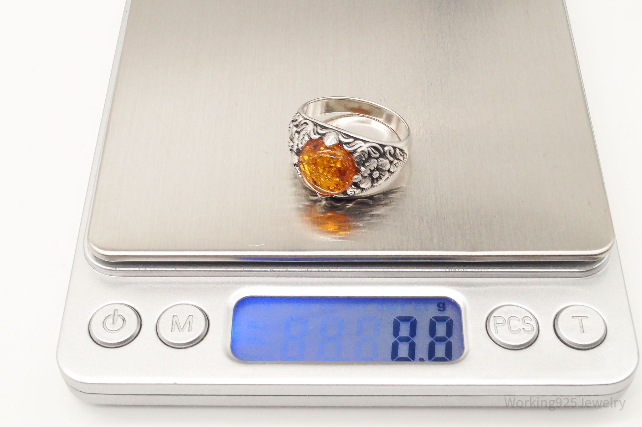Vintage Designer BBJ Large Amber Floral Sterling Silver Ring - Size 10.75