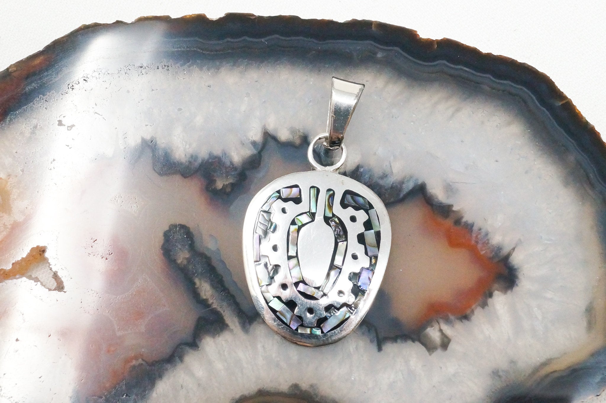 Vintage Taxco Mexico Abalone Aztec Style Sterling Silver Necklace Pendant