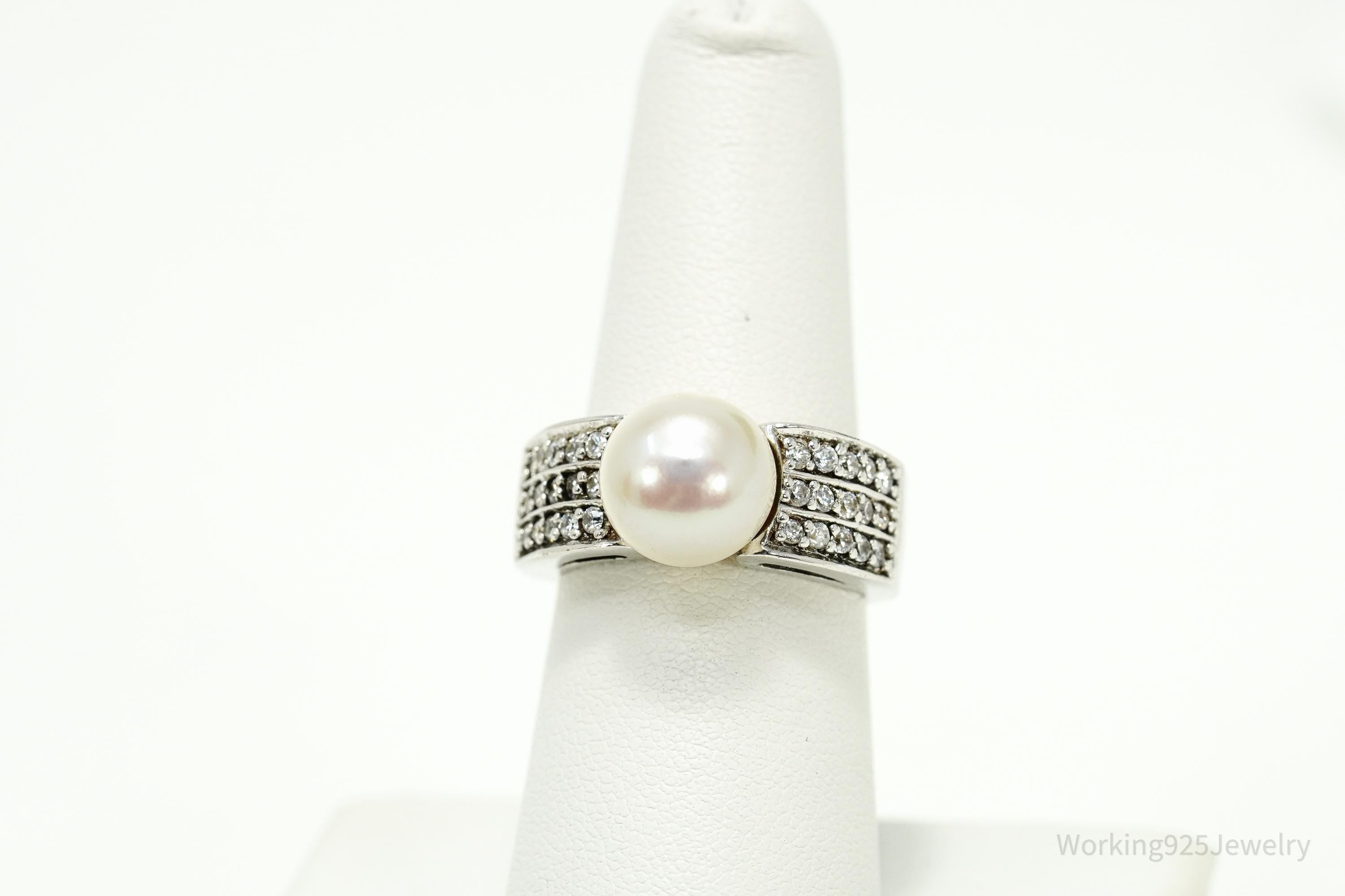 Vintage Pearl & Cubic Zirconia Sterling Silver Ring - Size 7.25