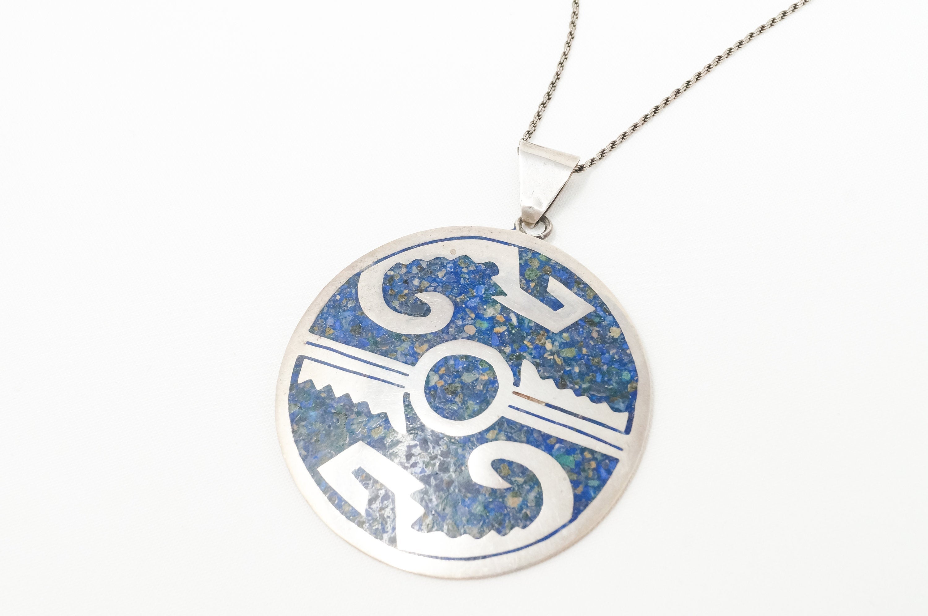 Vintage Large Mexico Handmade Lapis Lazuli Sterling Silver Aztec Necklace