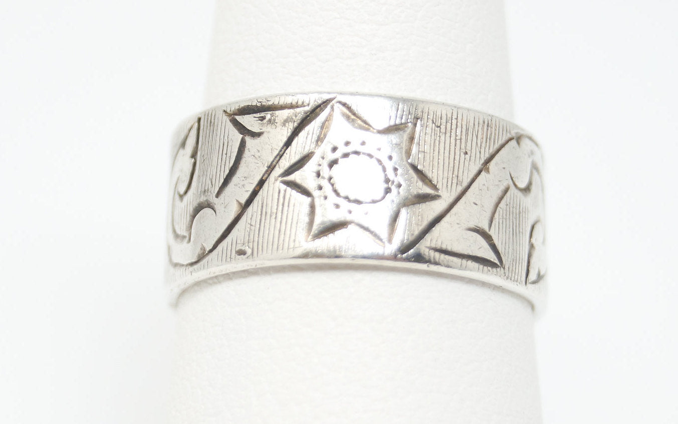 Vintage Siam Niello Floral Etched Sterling Silver Band Ring - Sz 6.75