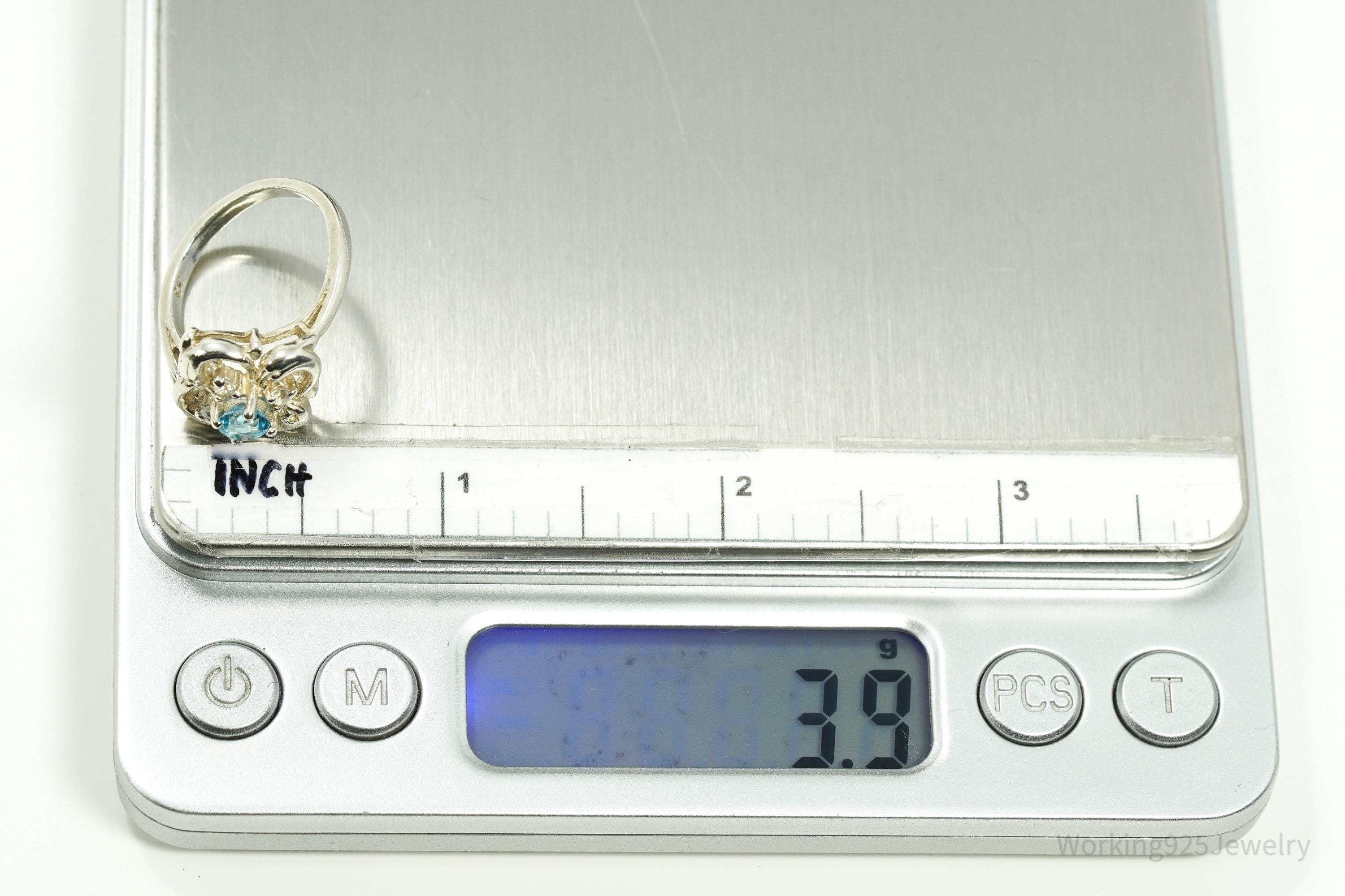 Vintage Blue Topaz & Cubic Zirconia Dolphins Sterling Silver Ring - Size 7