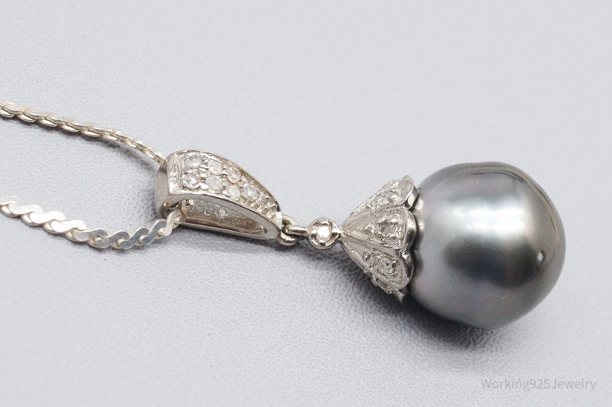 Vintage Pearl & Diamond Sterling Silver Necklace 18"