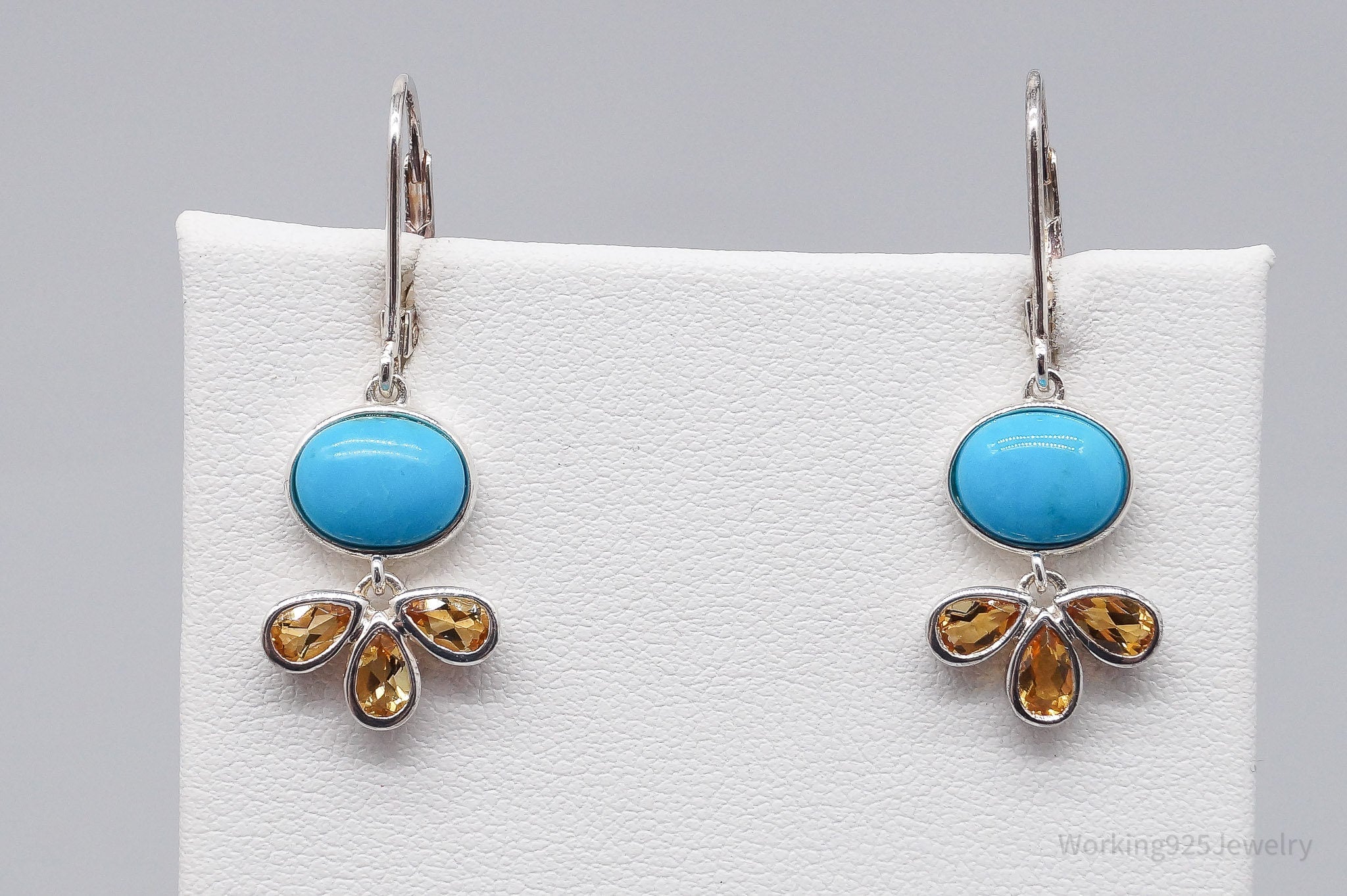 Vintage Blue Turquoise & Citrine Sterling Silver Earrings