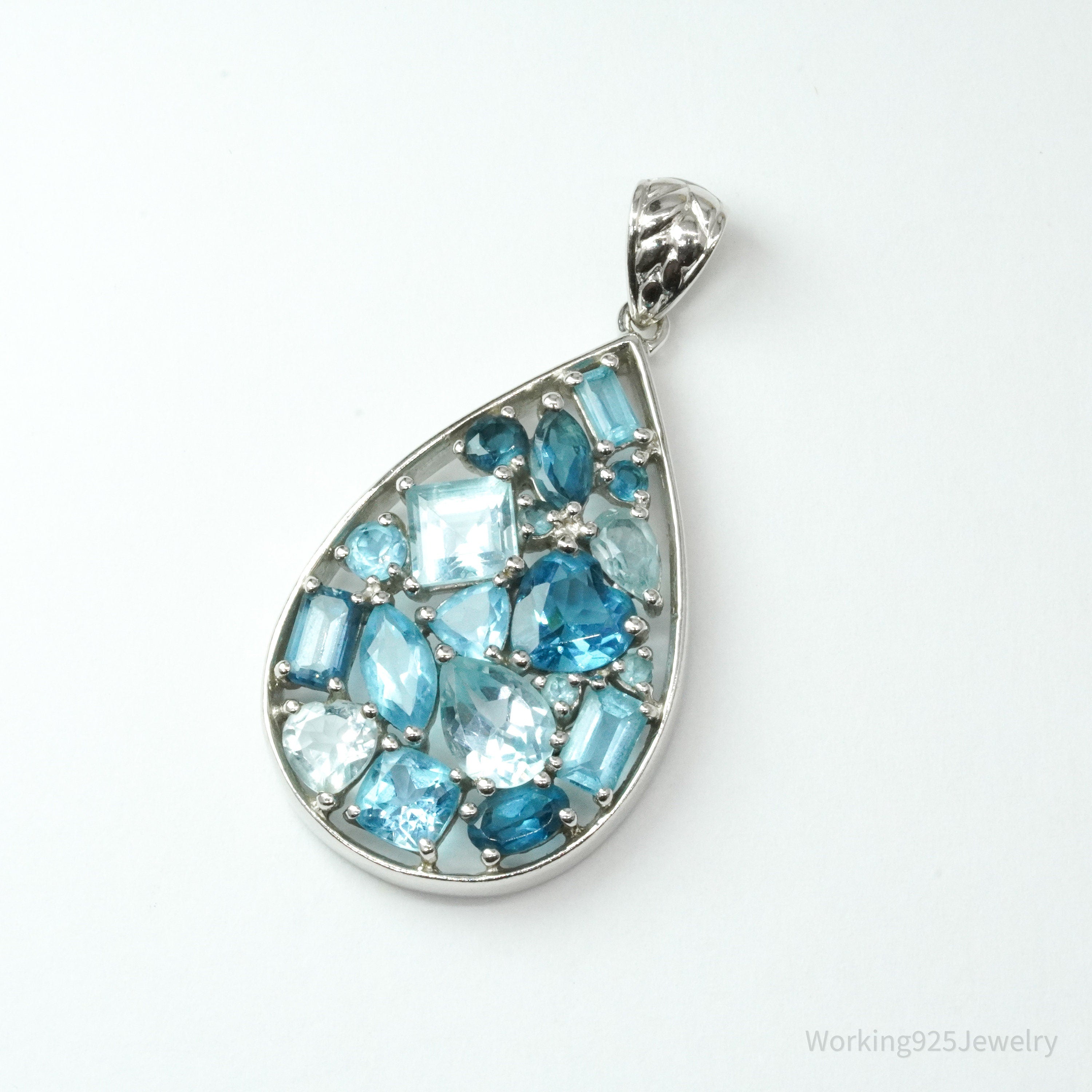 Vintage Blue Topaz Cluster Sterling Silver Necklace Pendant