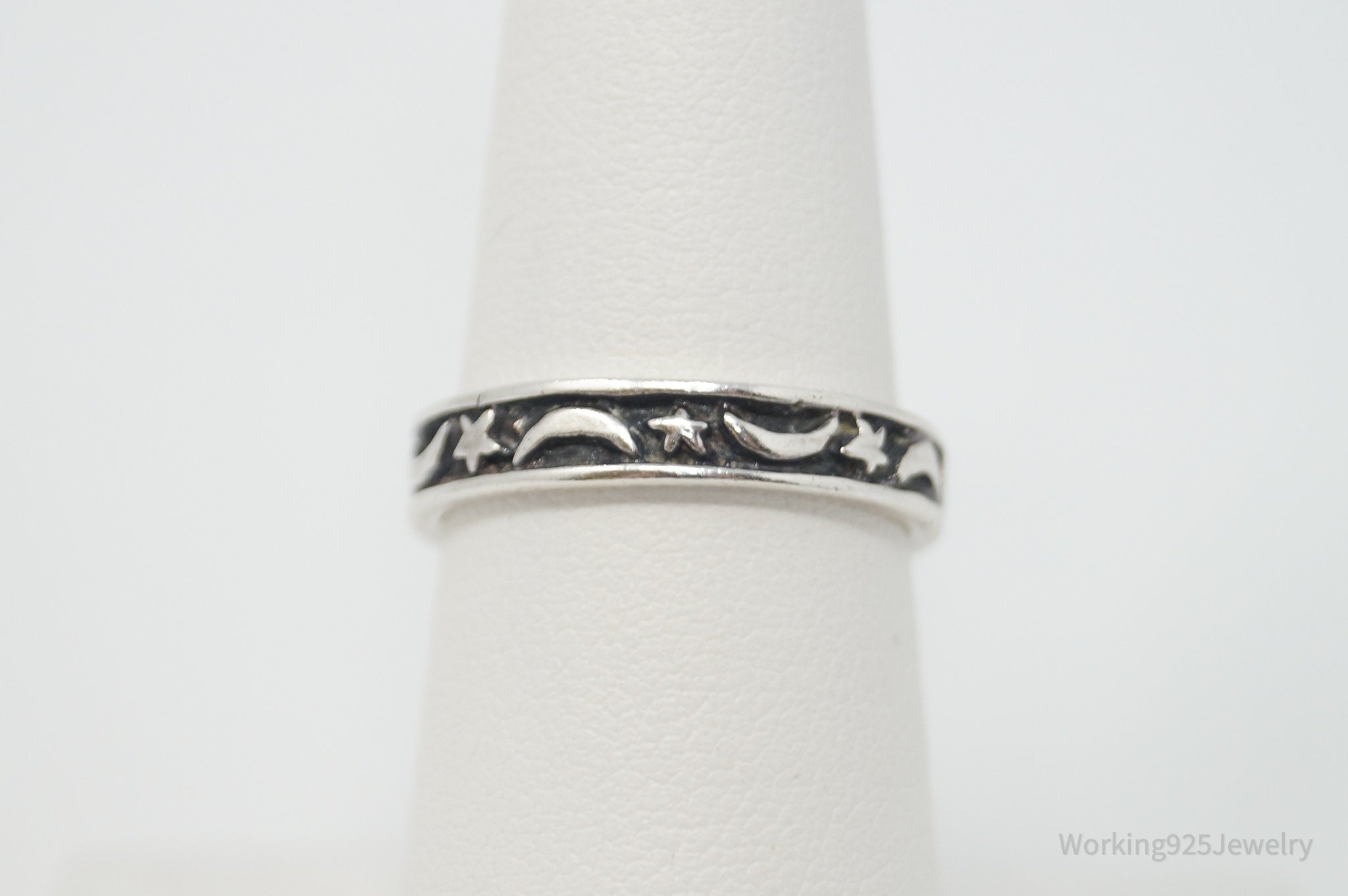 Vintage Star Galaxy Moon Lunar Oxidized Sterling Silver Band Ring - Size 7