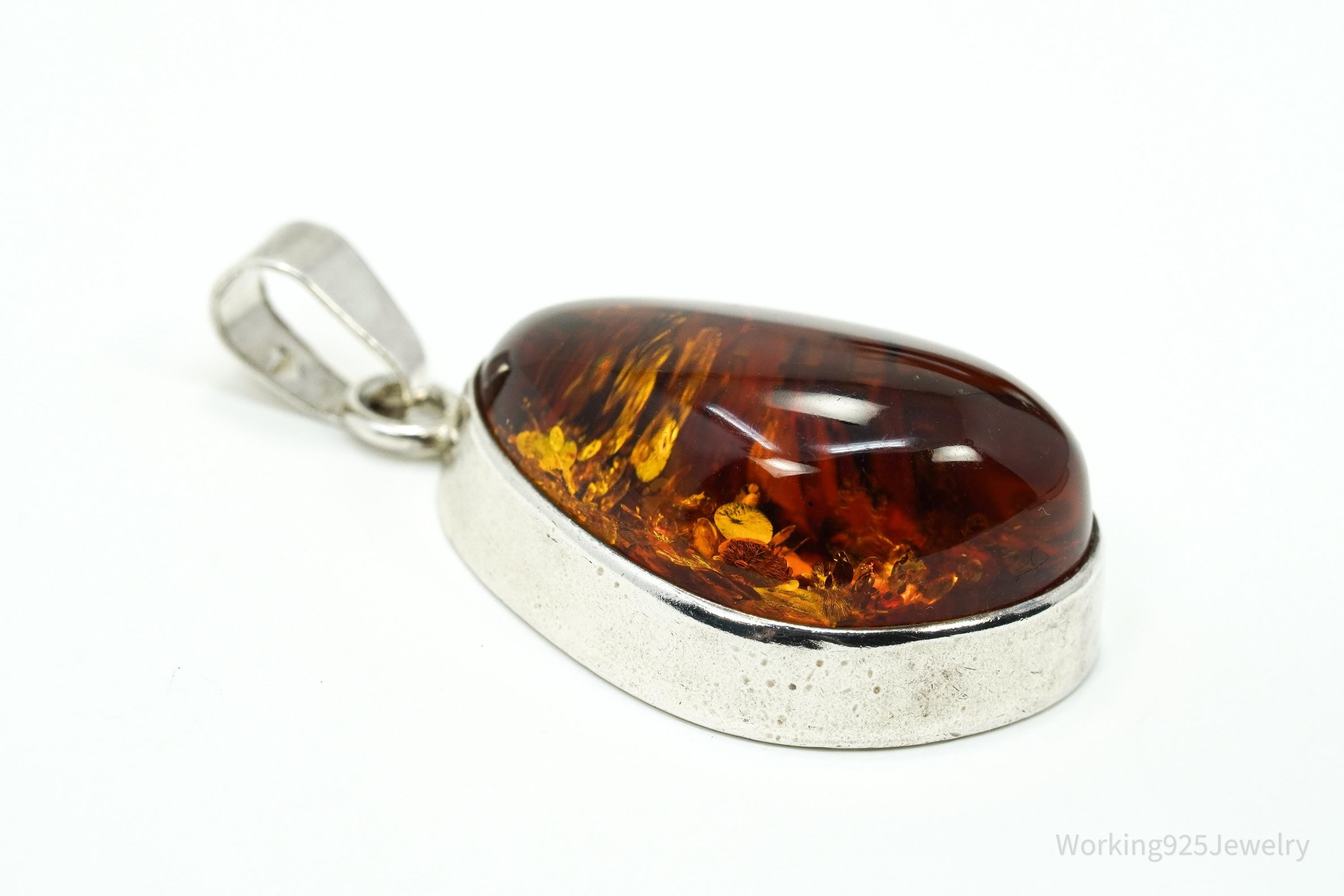 Large Vintage Modernist Amber Sterling Silver Pendant