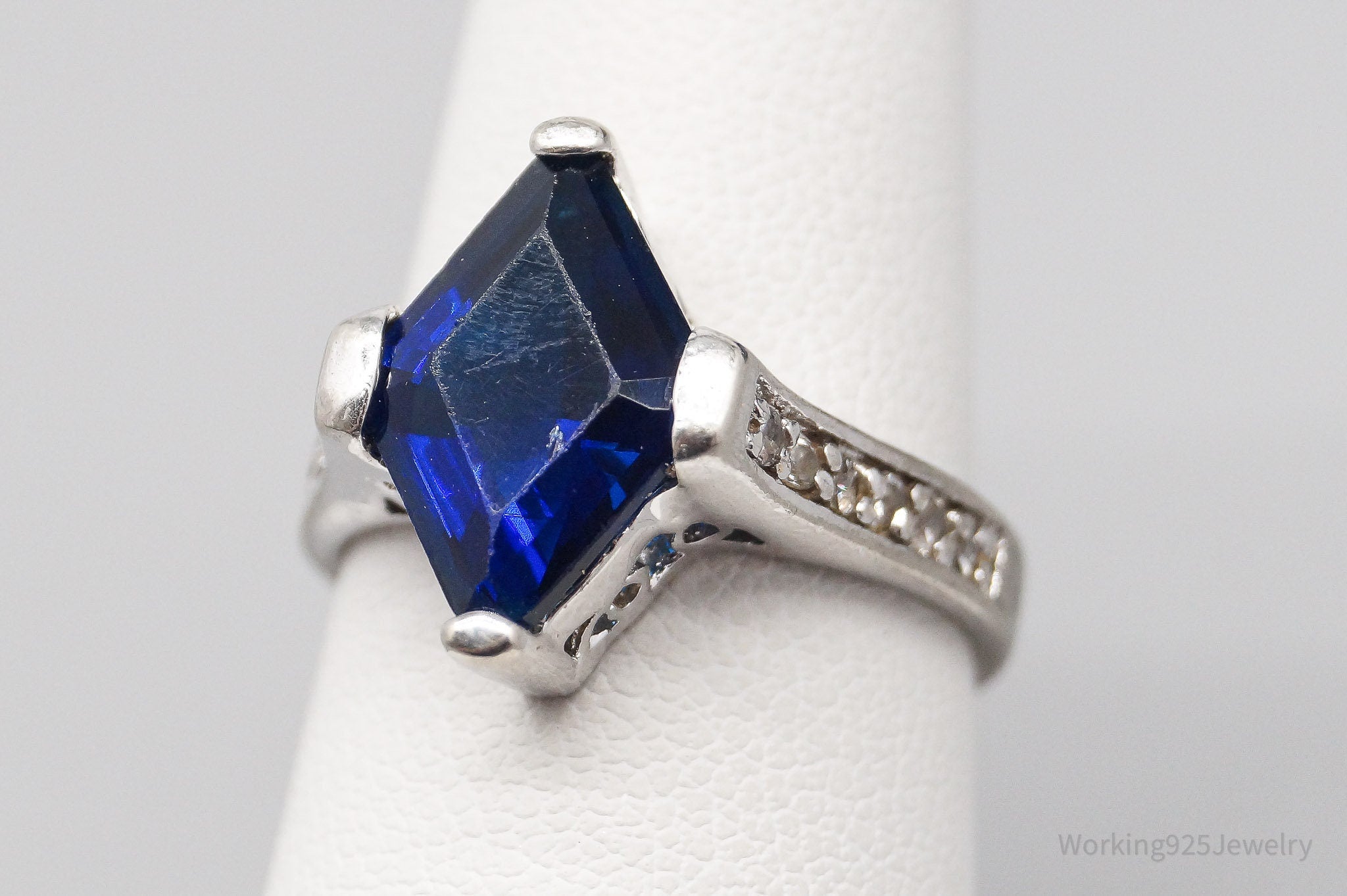 Vintage Faux Sapphire Cubic Zirconia Sterling Silver Ring - Size 6.75