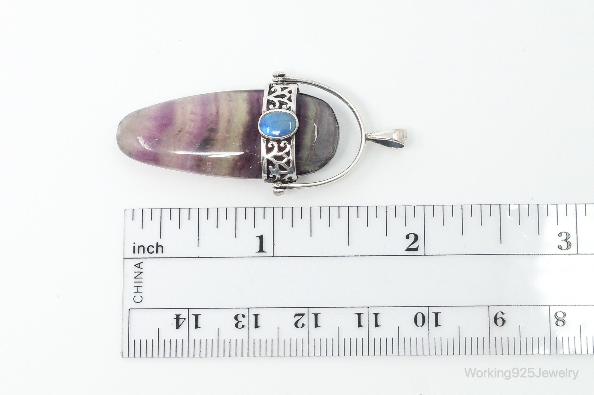 Vintage Purple & Green Fluorite Blue Opal Sterling Silver Pendant