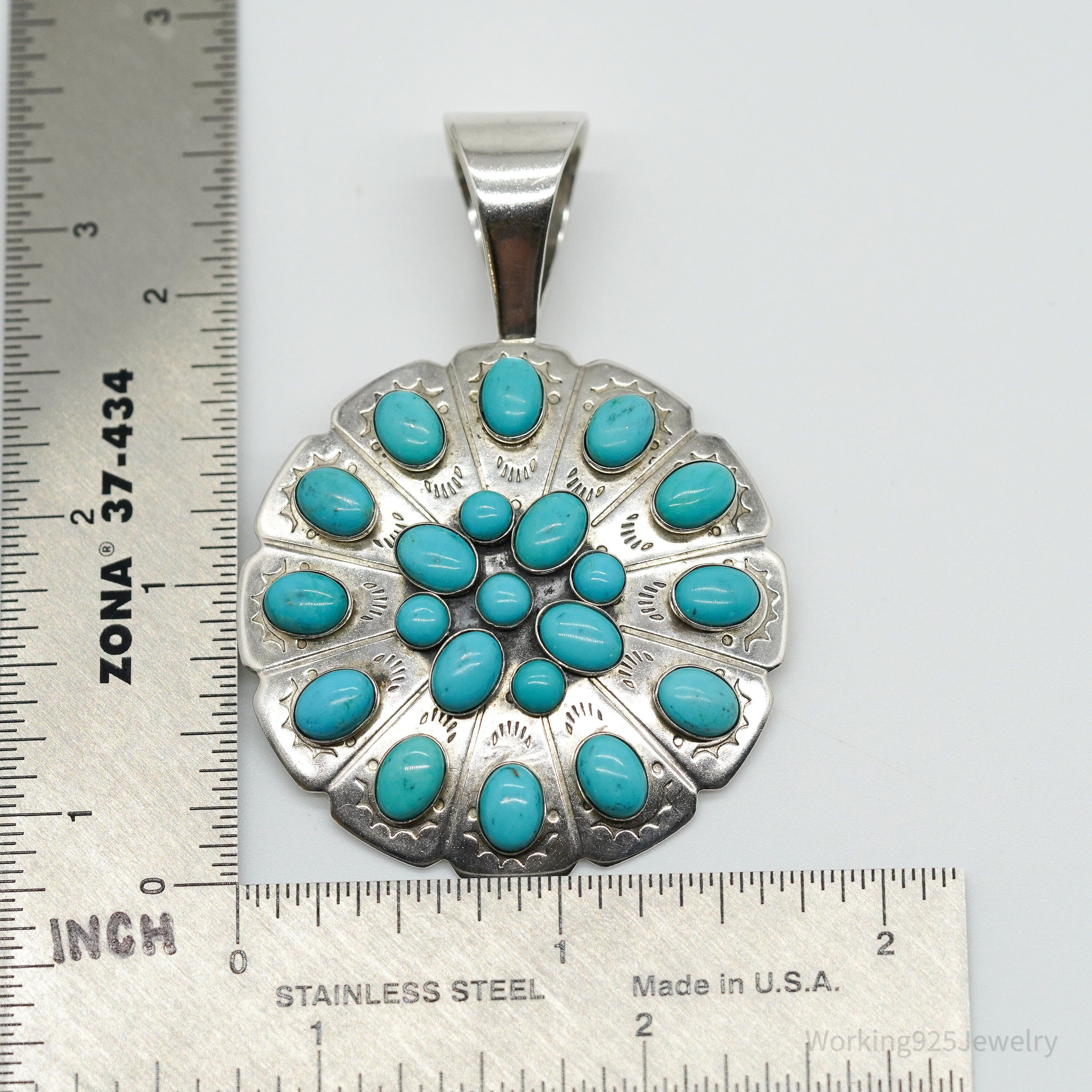 Vintage Southwest Desert Rose Trading Turquoise Sterling Silver Pendant 2.5"