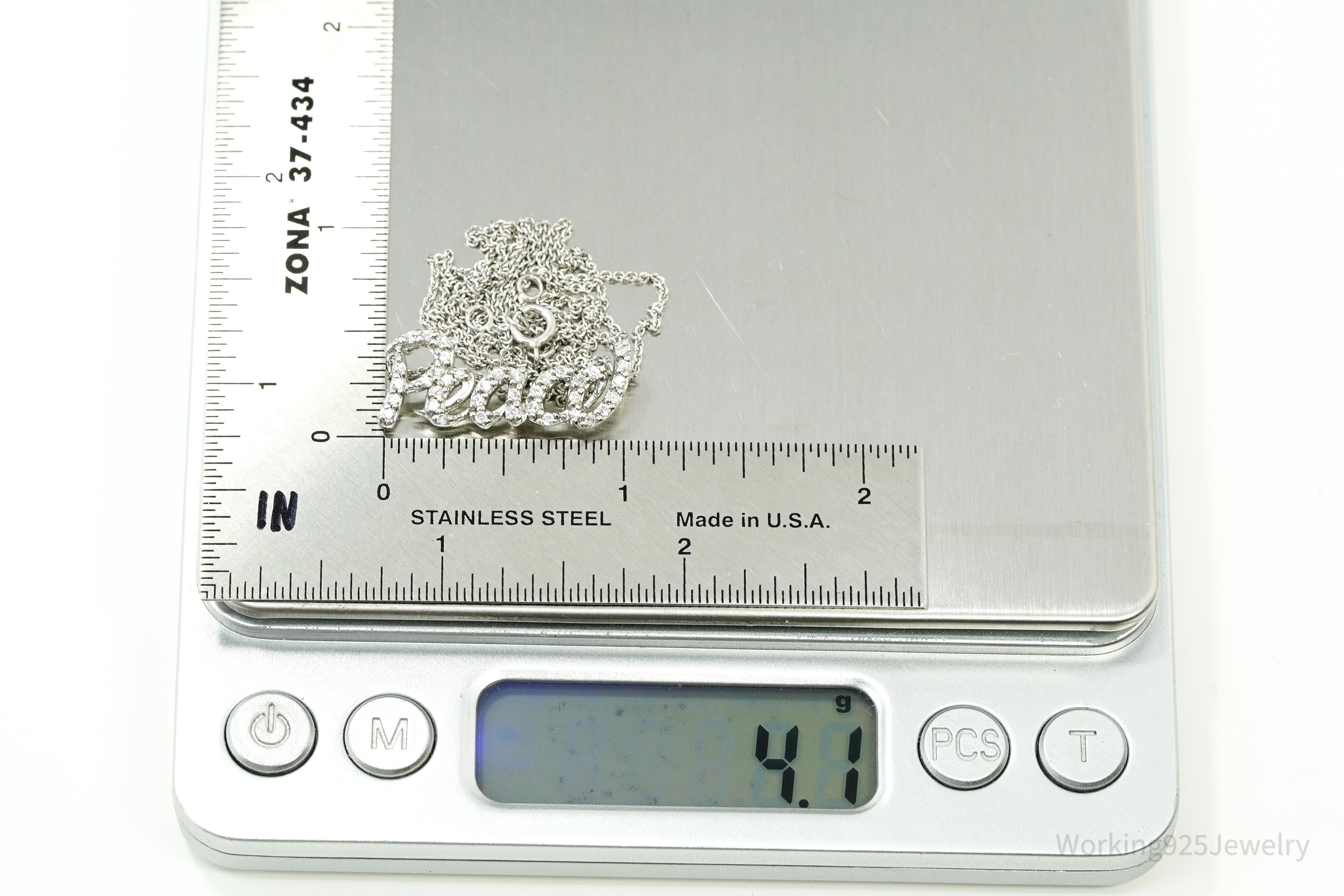 Vintage Cubic Zirconia "Peace" Sterling Silver Necklace 20"