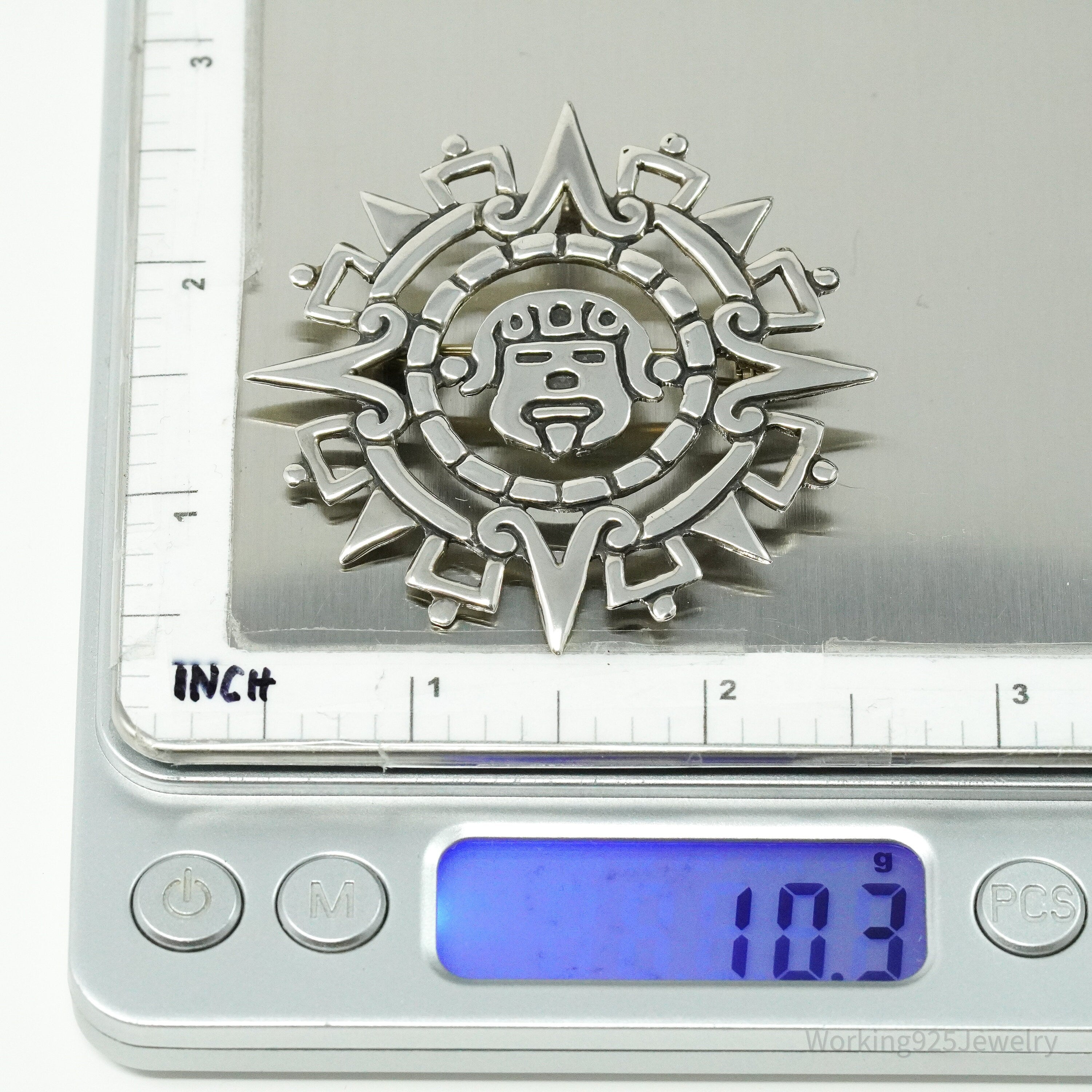 Large Vintage Mexico Aztec Mayan Sterling Silver Brooch Pin Pendant