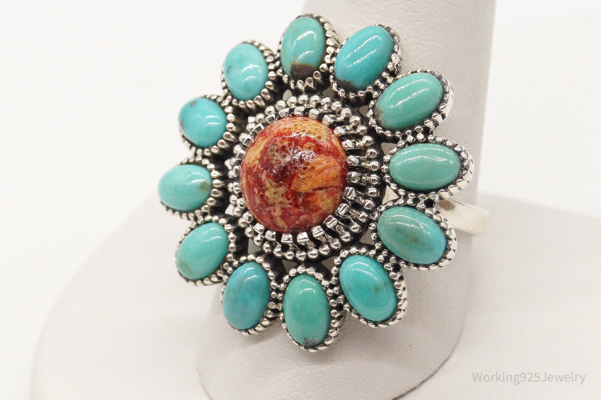 Vintage Turquoise Coral Sterling Silver Ring - Size 9.75