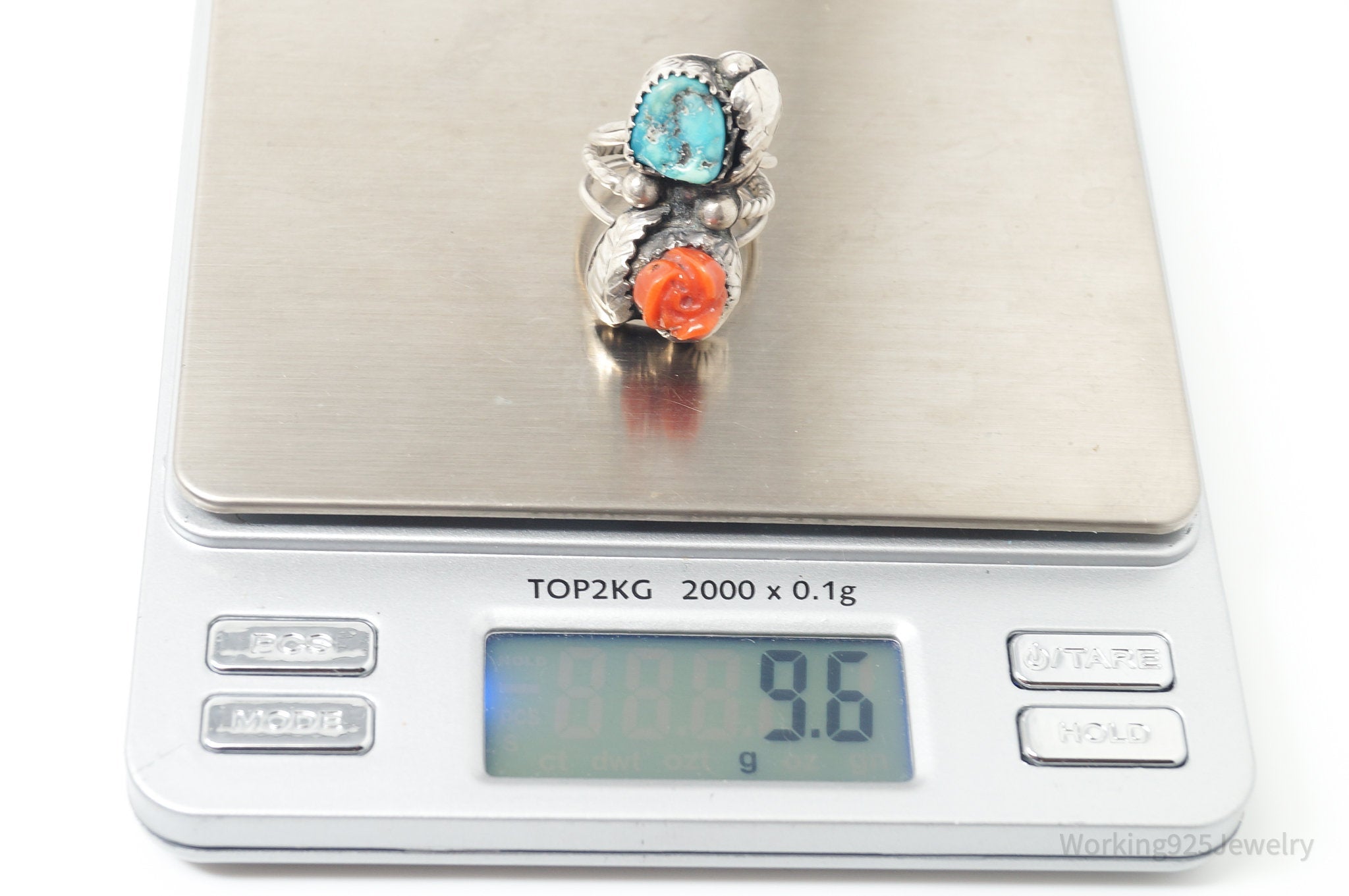 Vtg Handmade Native Turquoise AT Coral Turquoise Sterling Silver Ring Size 5.5