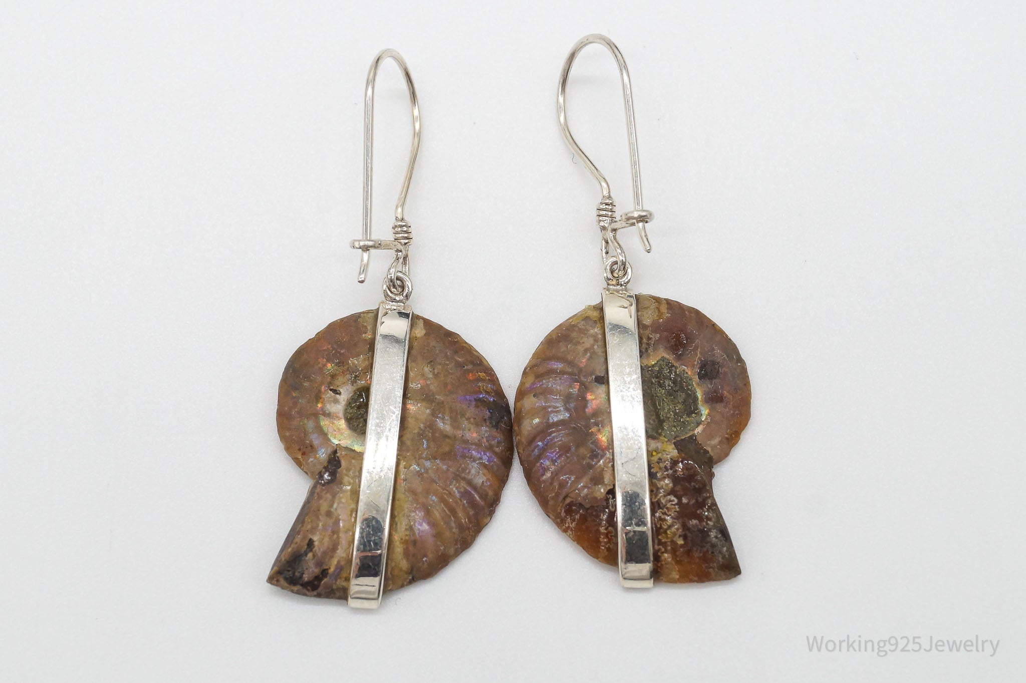 Vintage Large Ammonite Fossil Shell Silver Earrings