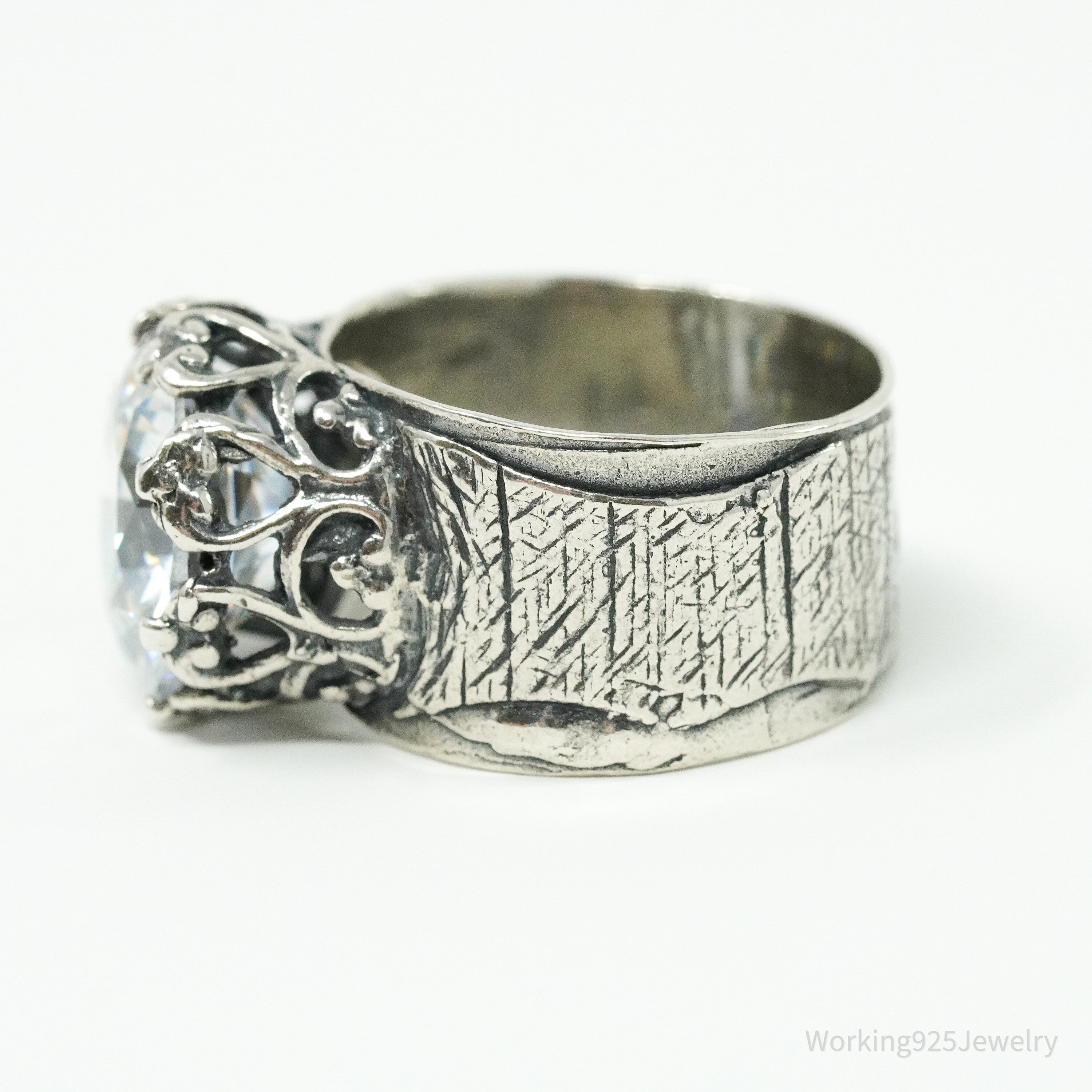 Vintage Designer Large Cubic Zirconia Sterling Silver Ring - Size 7.5