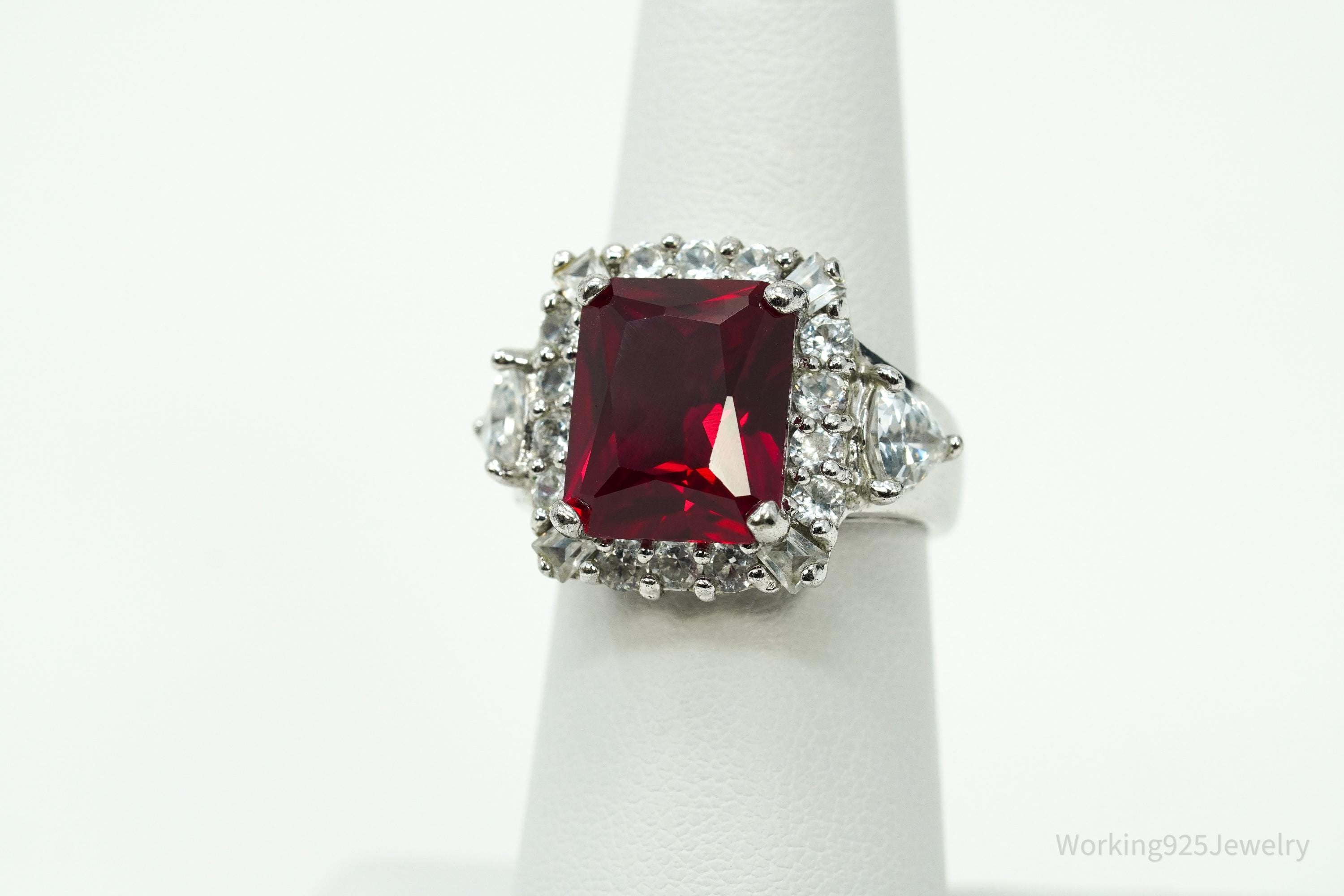 Vintage Lab Ruby & Cubic Zirconia Sterling Silver Ring - Size 6