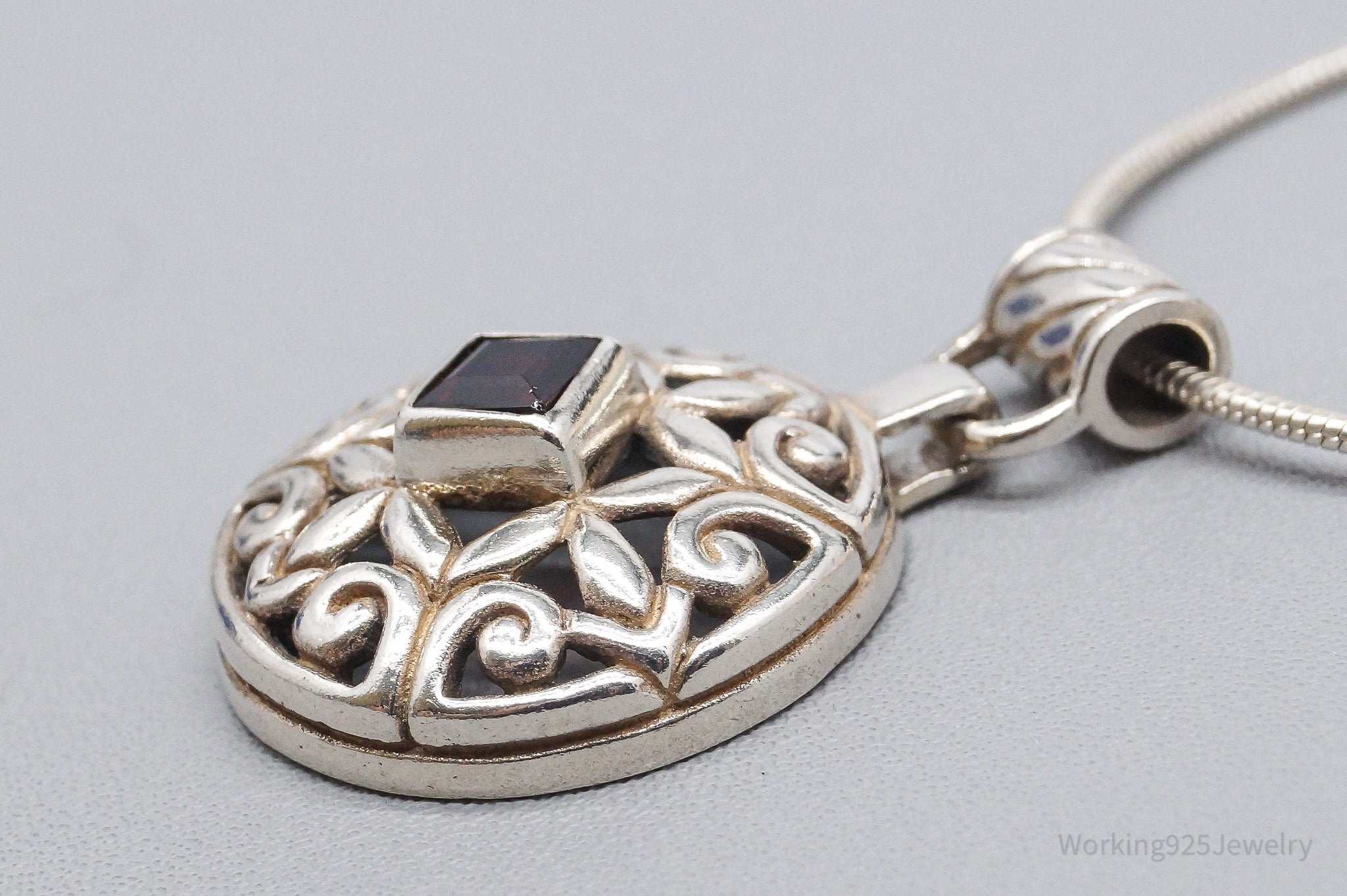 Vintage Garnet Art Deco Style Sterling Silver Necklace 16"