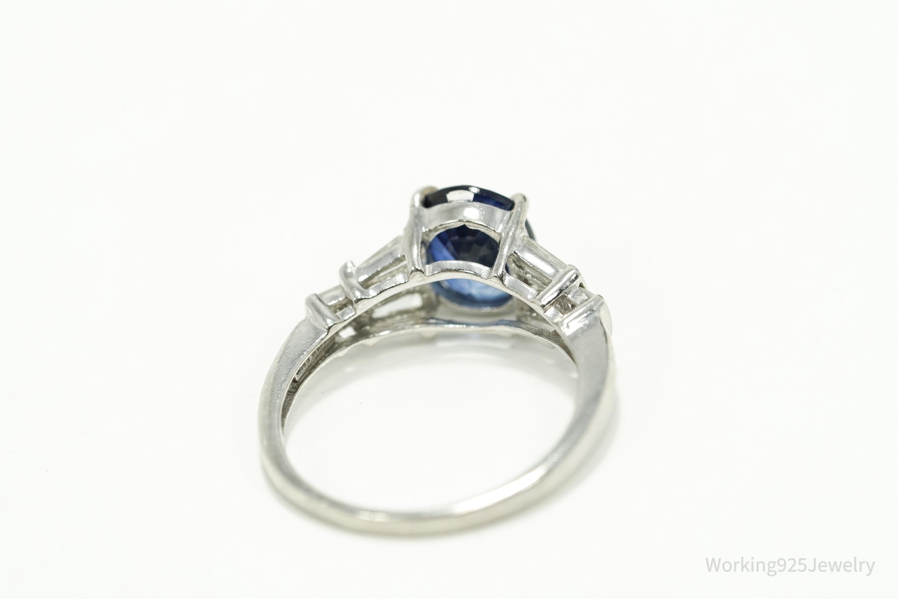 Vintage Lab Sapphire & Cubic Zirconia Sterling Silver Ring - Size 7