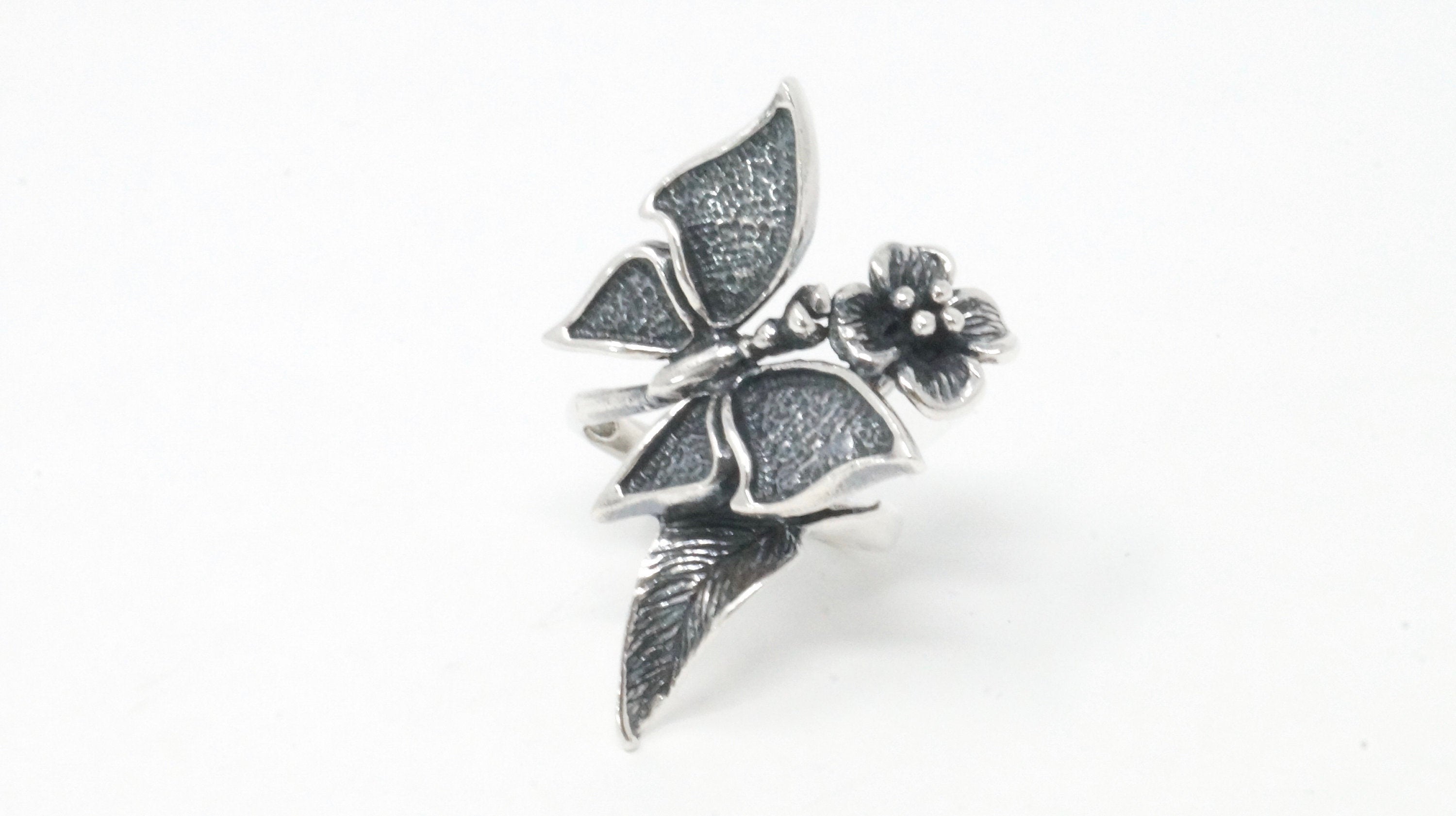 Vintage Sterling Silver Butterfly Floral Flower Art Nouveau Wrap Ring Size 8 3/4