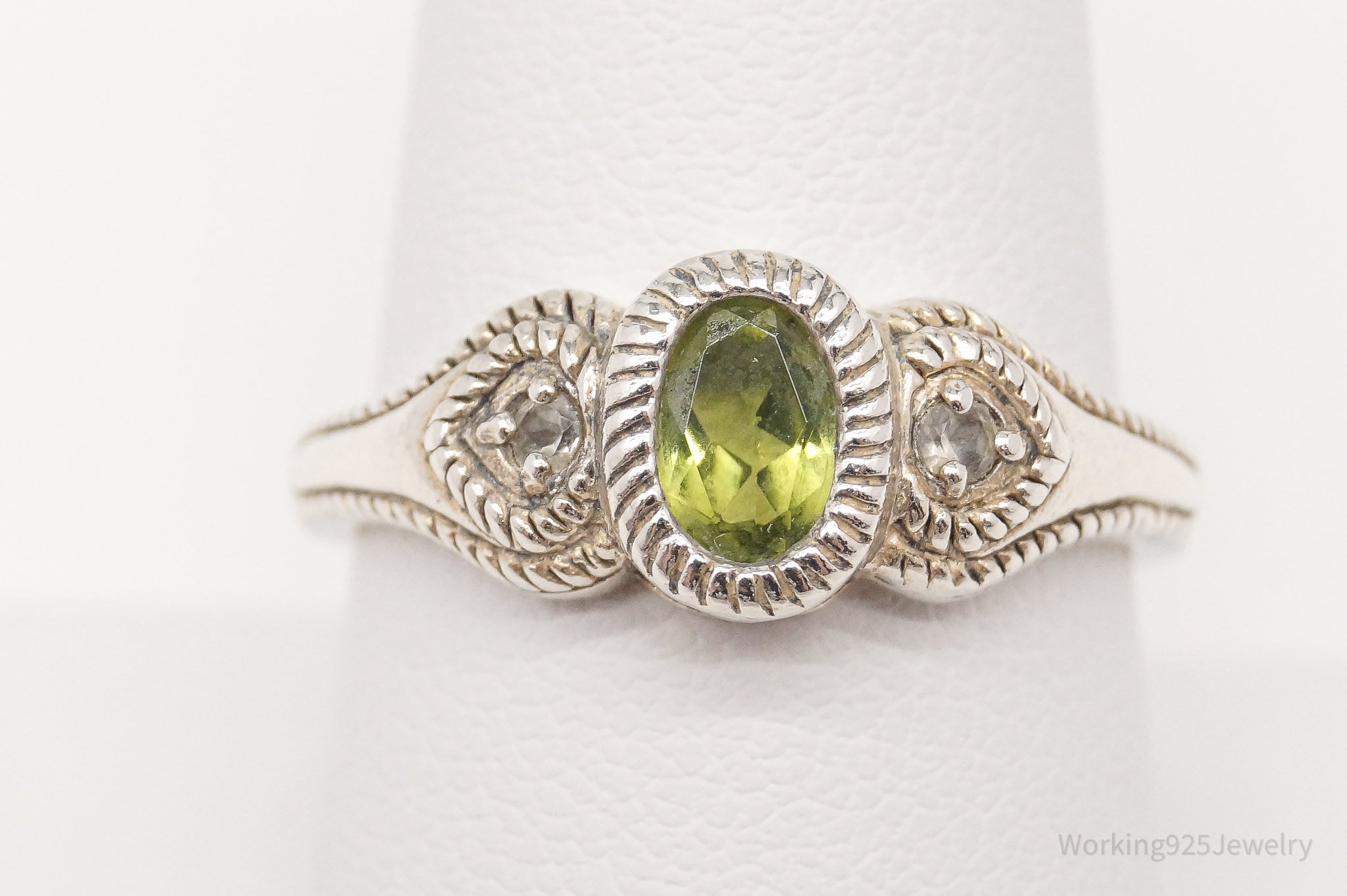 Vintage Designer Peridot & White Topaz Sterling Silver Ring - Size 8.75