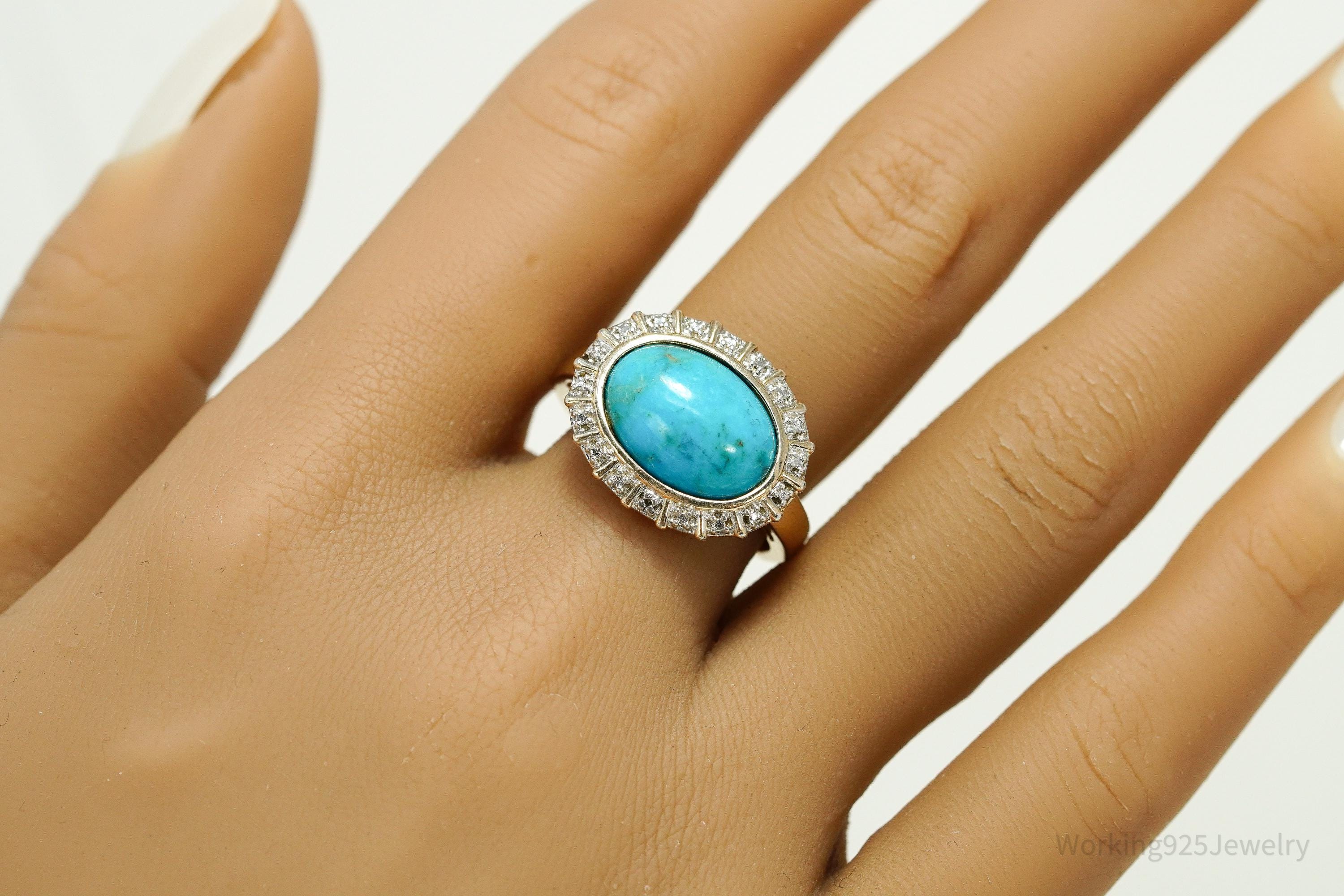 VTG Designer Ross Simons Turquoise & Diamond Gold Over Sterling Silver Ring - Size 9