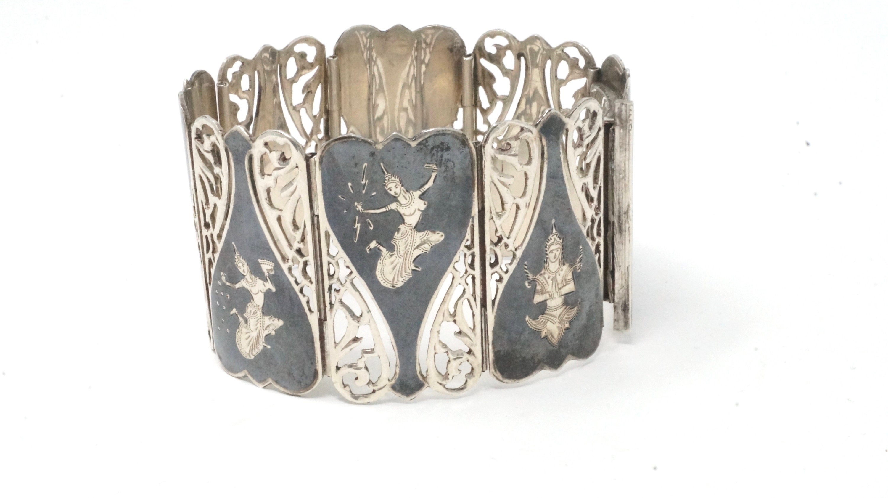 Vintage SIAM NIALLO Thai Dancer Panel Enamel Sterling Silver Cuff Bracelet