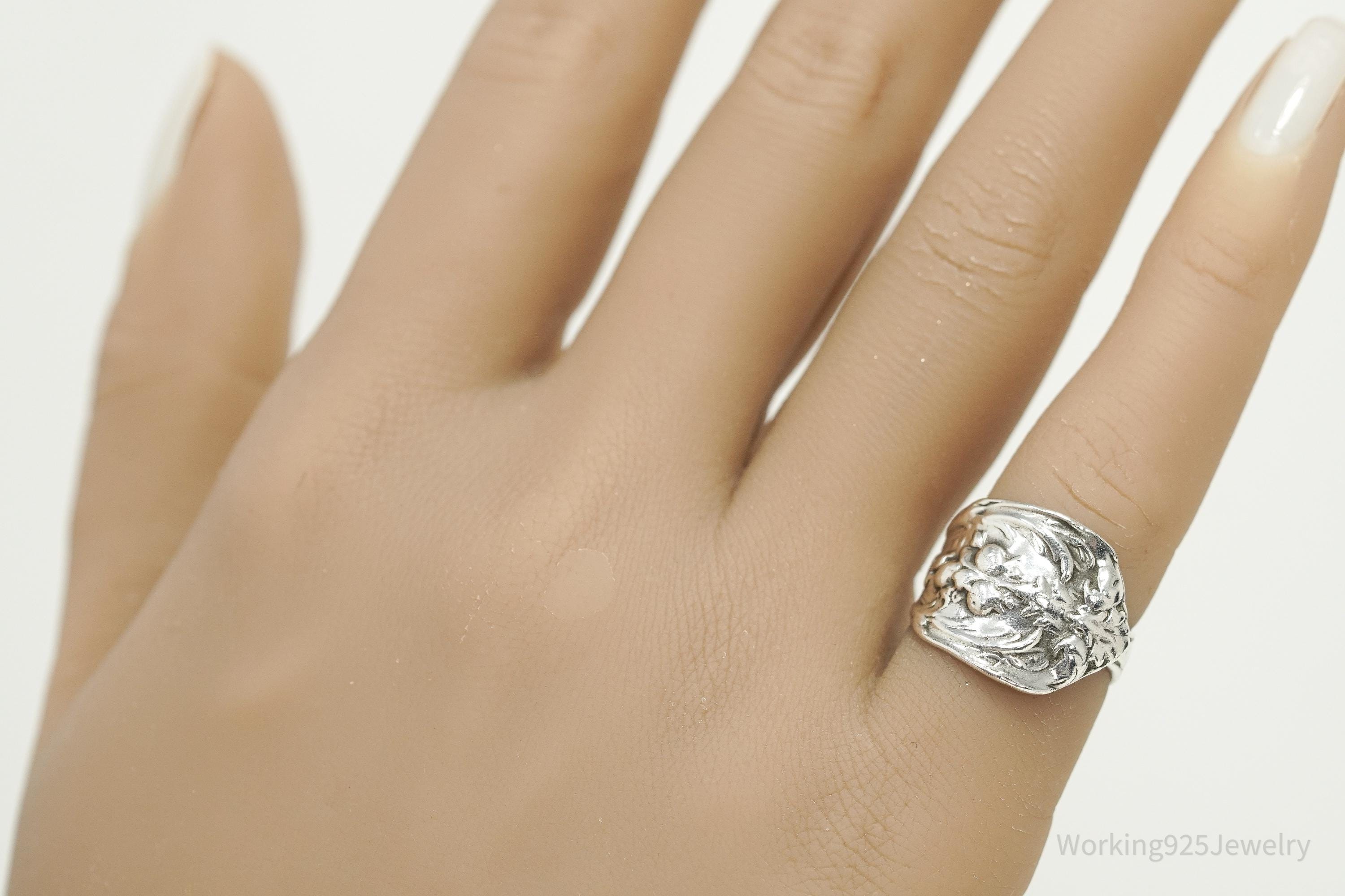 Antique Floral Sterling Silver Spoon Ring - Size 5.25