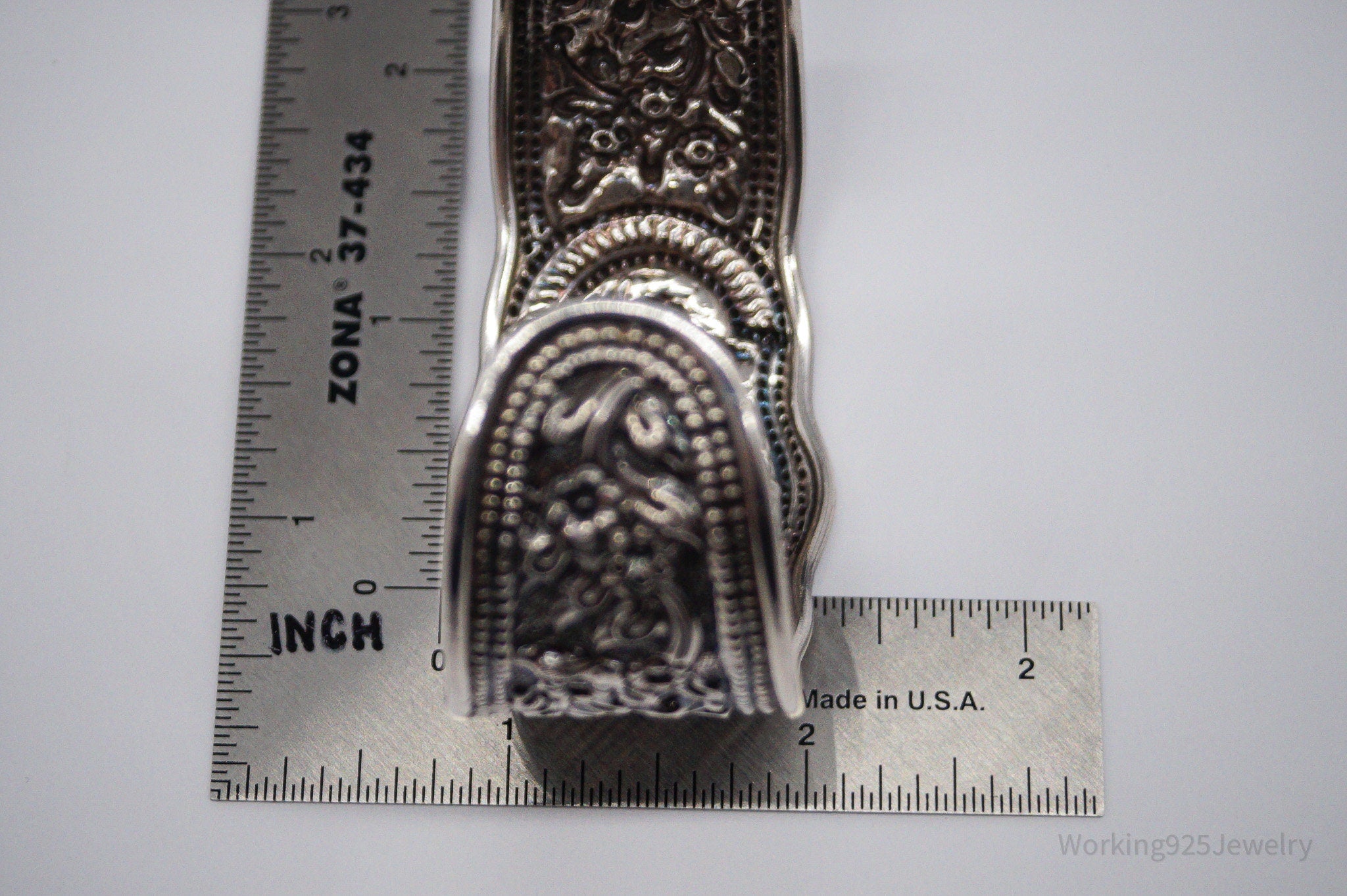 Vintage Floral Pattern Repousse Sterling Silver Cuff Bracelet 7.5"