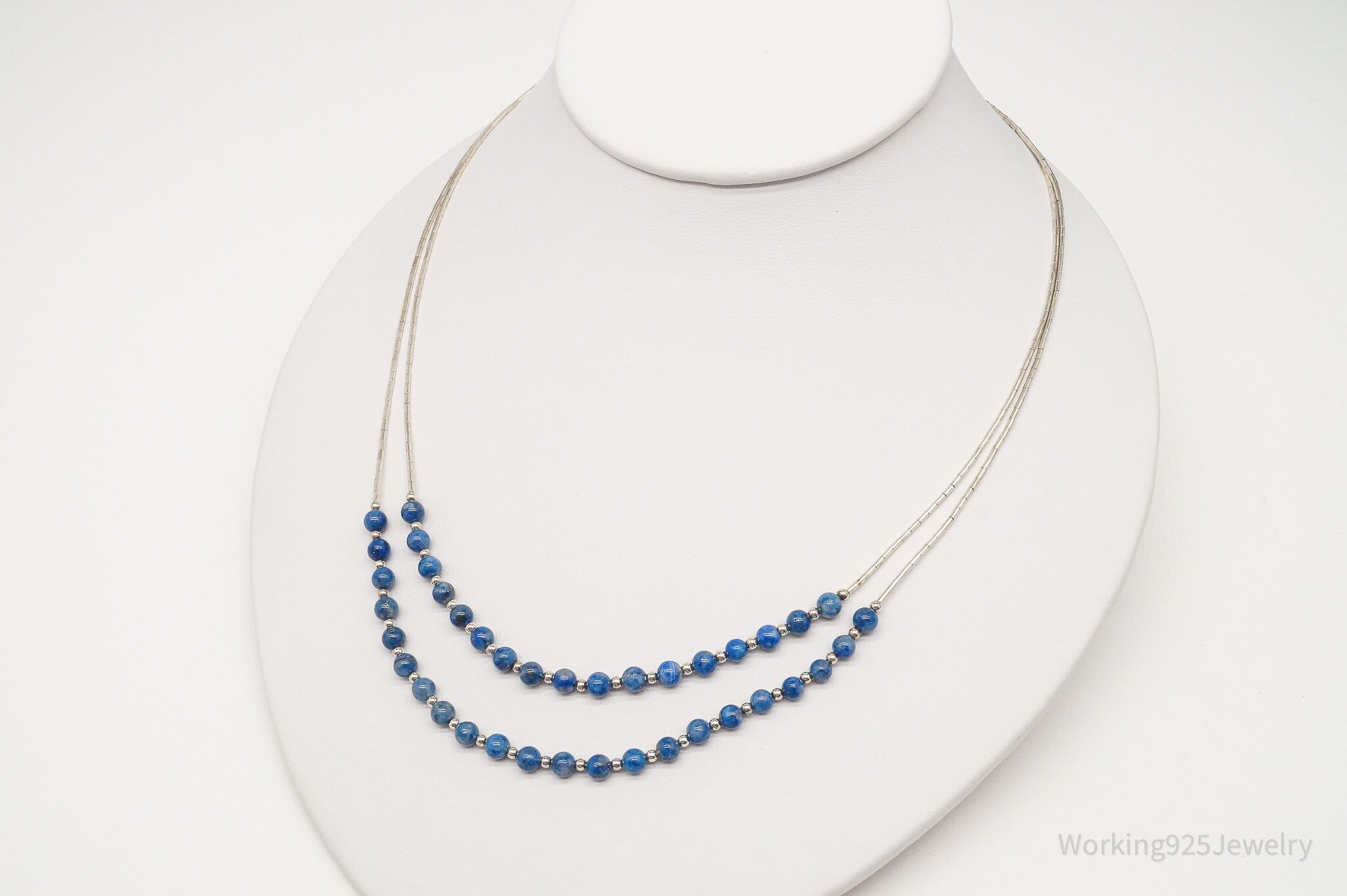 Vintage Southwest Carolyn Pollack Lapis Lazuli Bead Sterling Silver Necklace 23"
