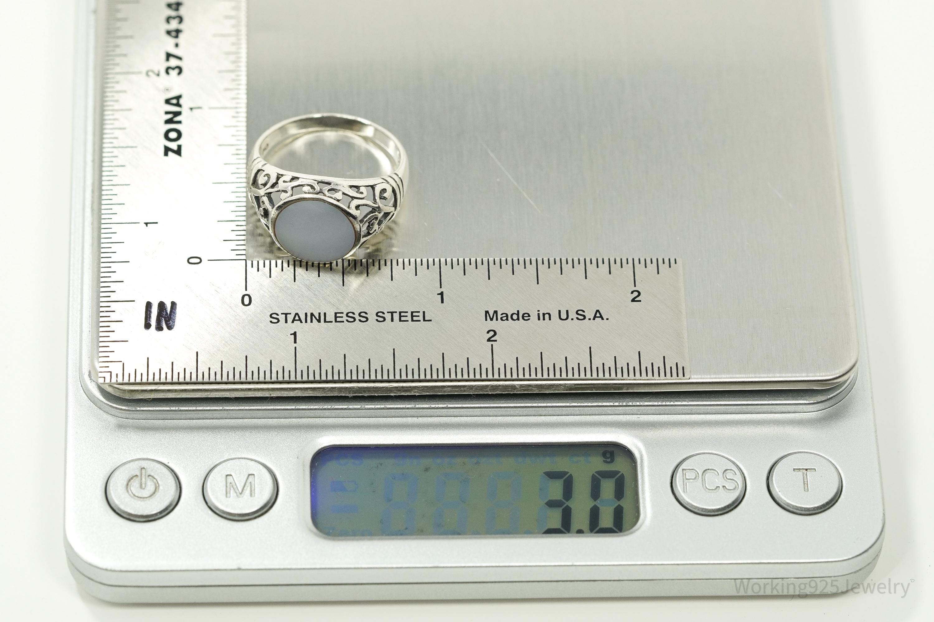 Vintage Blue Mother Of Pearl Sterling Silver Ring - Size 8.25