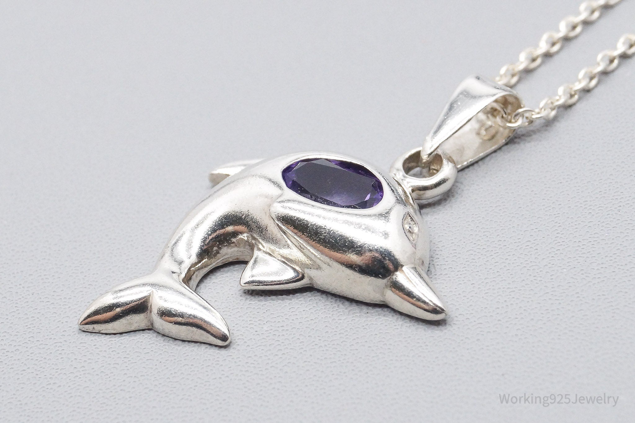 Vintage Amethyst Dolphin Sterling Silver Necklace 18"