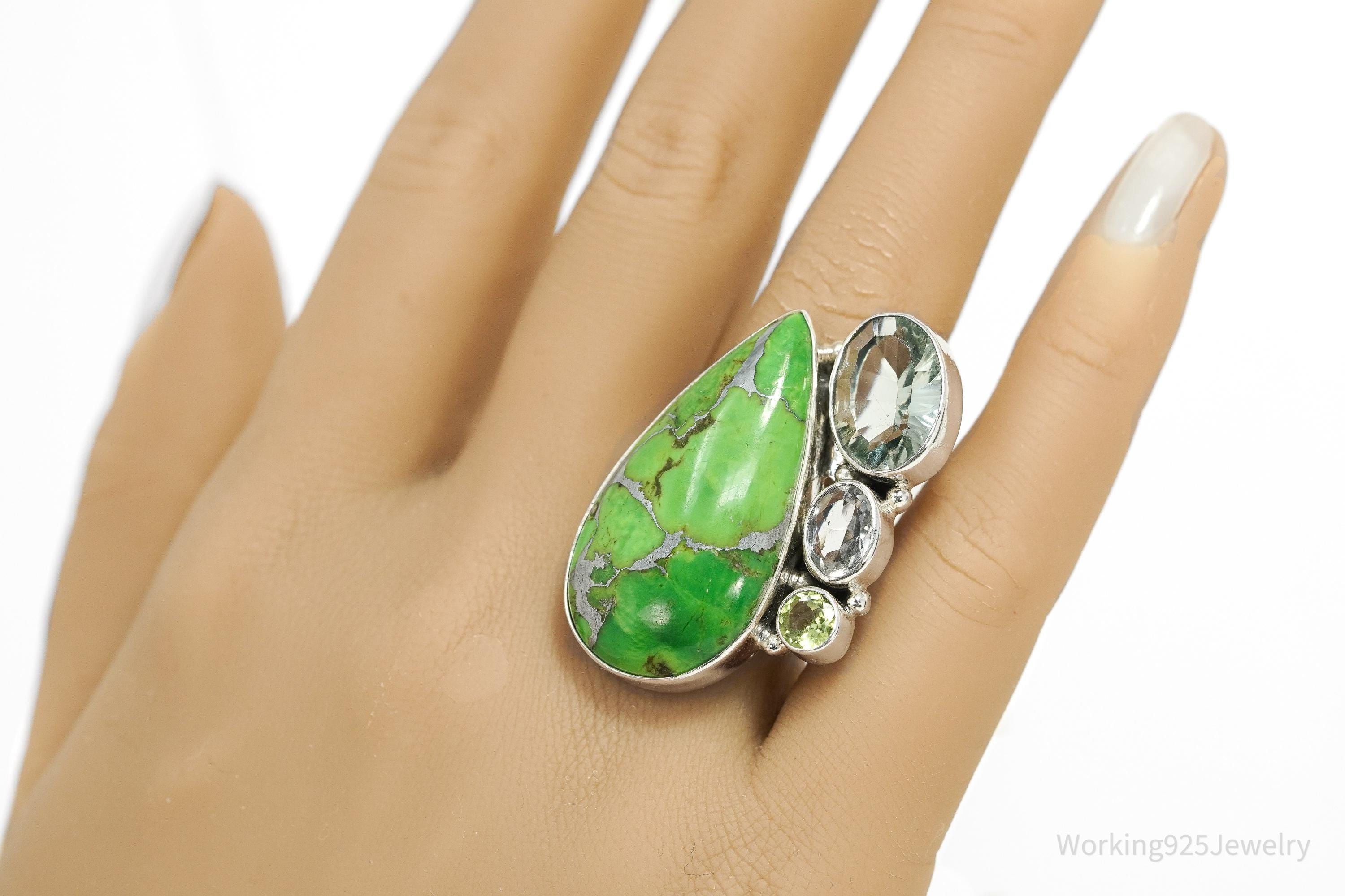 Vintage Green Mojave Turquoise Multi Gemstone Sterling Silver Ring - Size 8.5