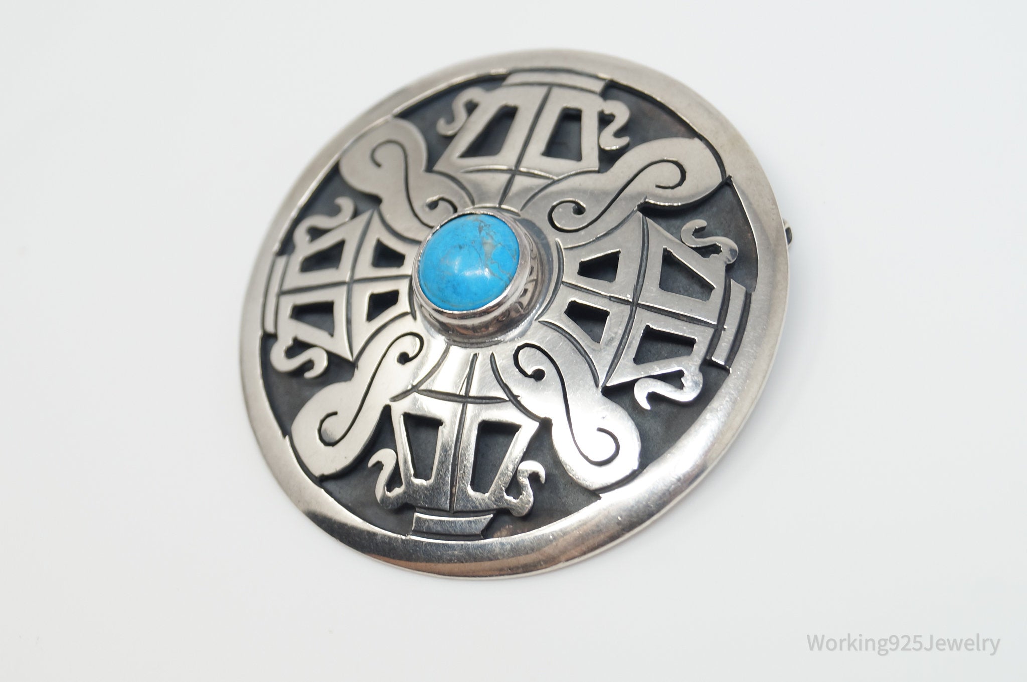 Vintage Taxco Designer Turquoise Shadow Aztec Sterling Silver Brooch Pin Pendant