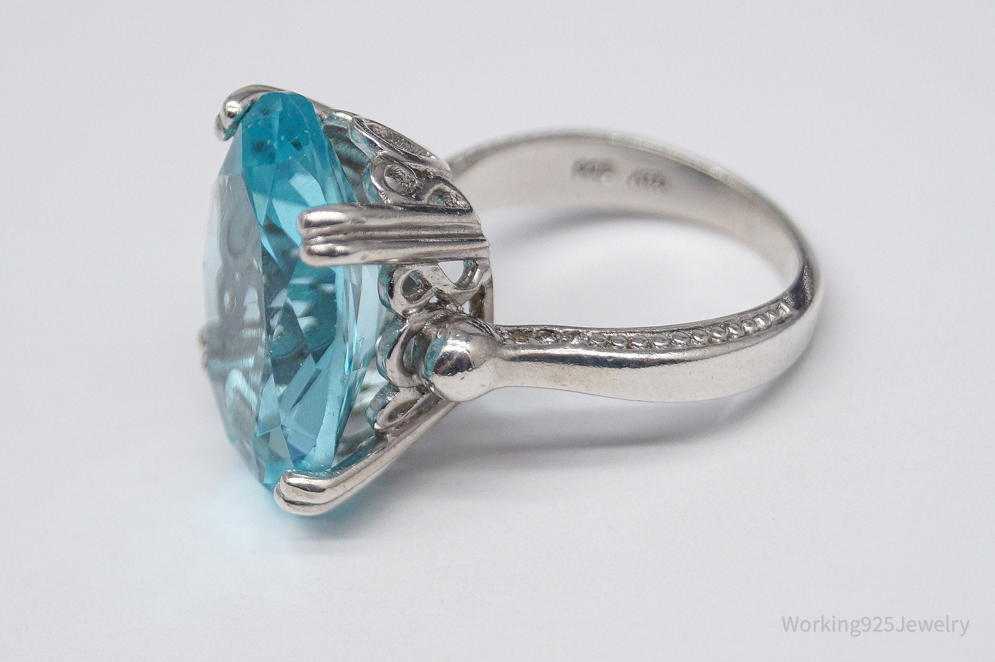 Vintage ATR Large Glass Faux Blue Topaz Sterling Silver Ring - Size 7.25