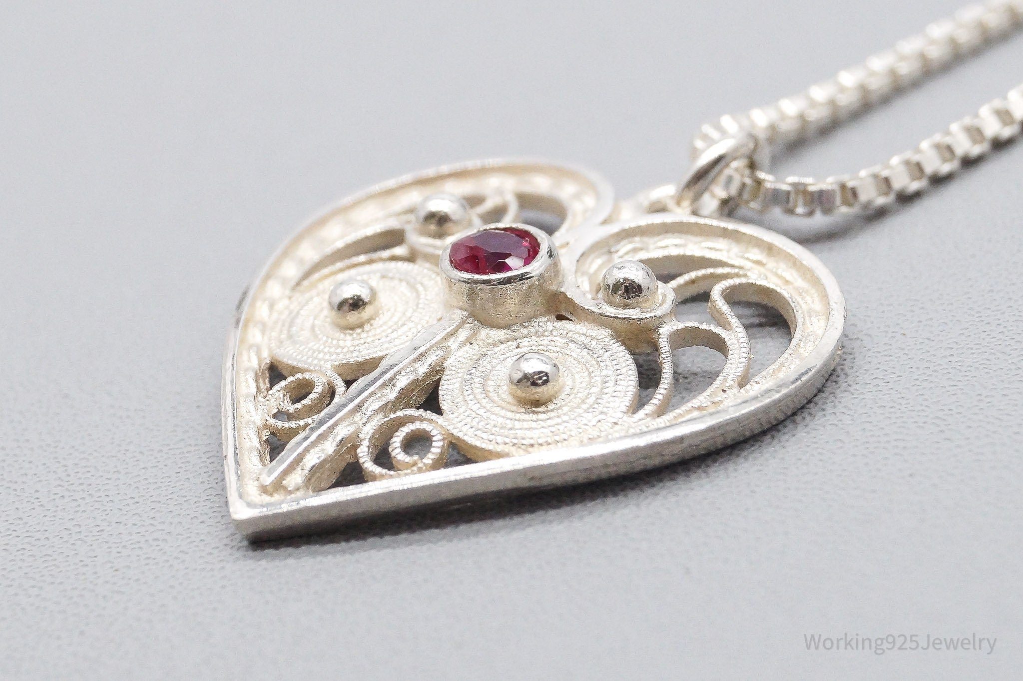 Vintage Ruby Filigree Heart Sterling Silver Chain Necklace 16"