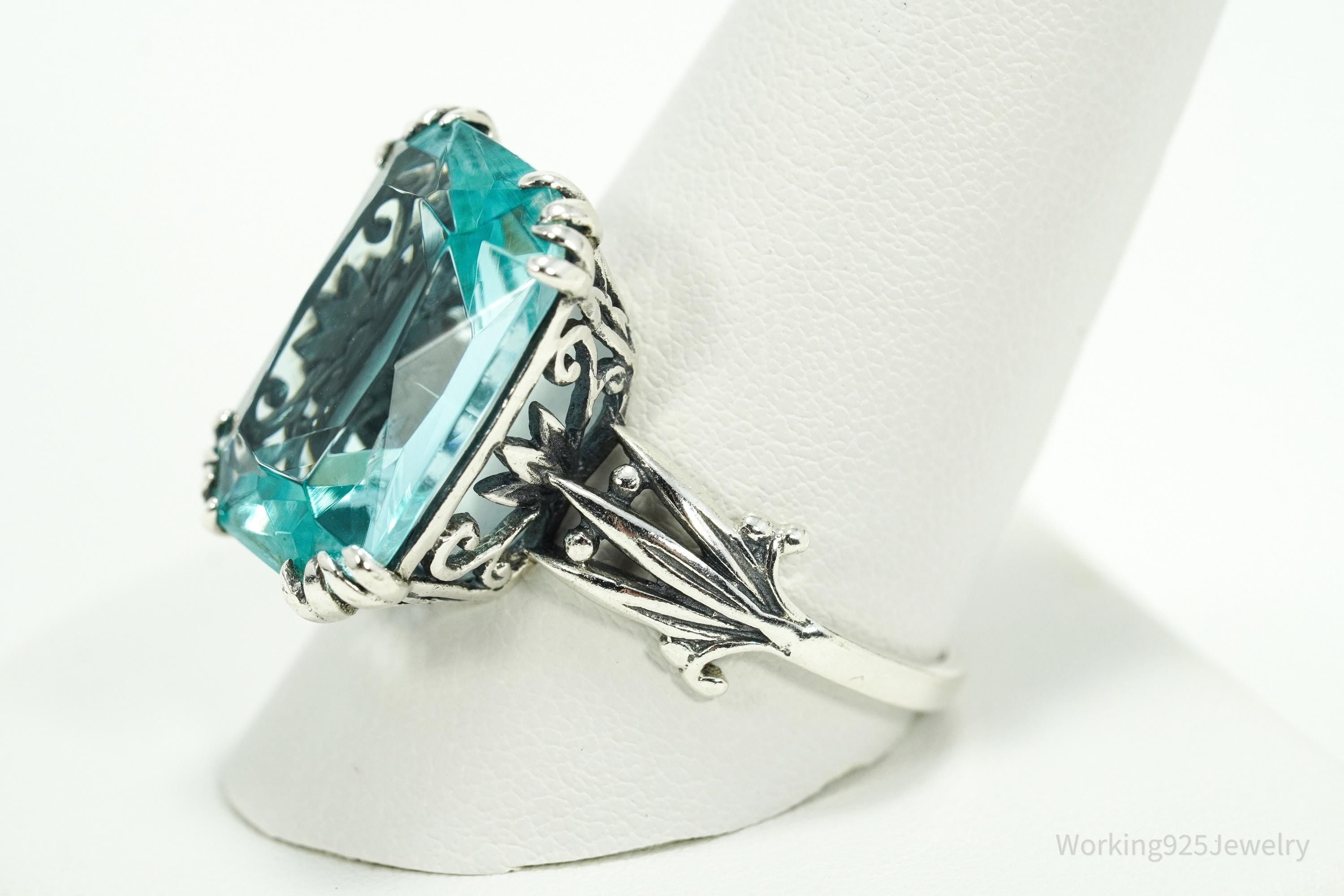 Vintage Faux Glass Blue Topaz Sterling Silver Plated Ring - Size 11.5