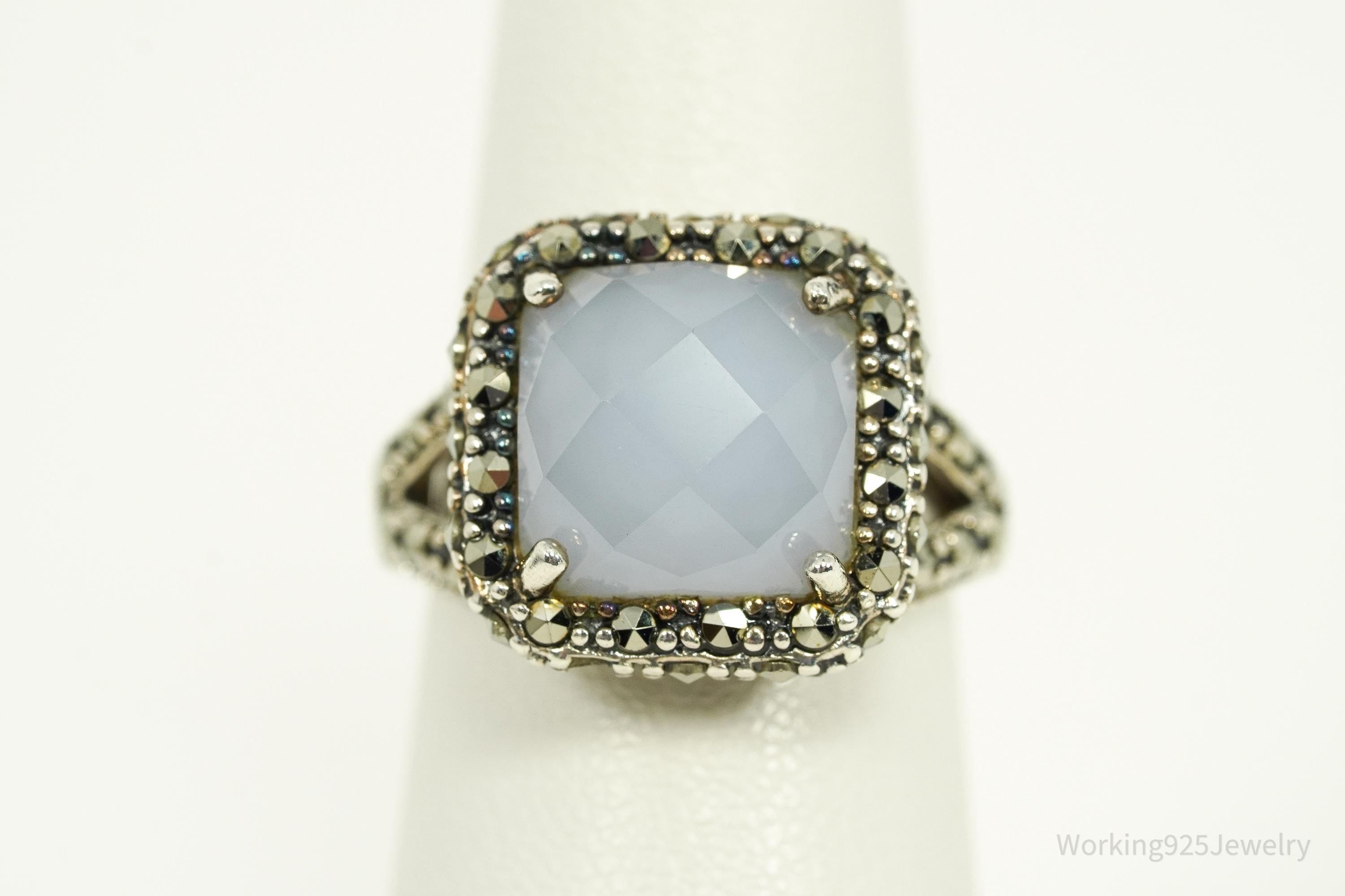 Vintage Blue Lavender Chalcedony & Marcasite Sterling Silver Ring - Size 6